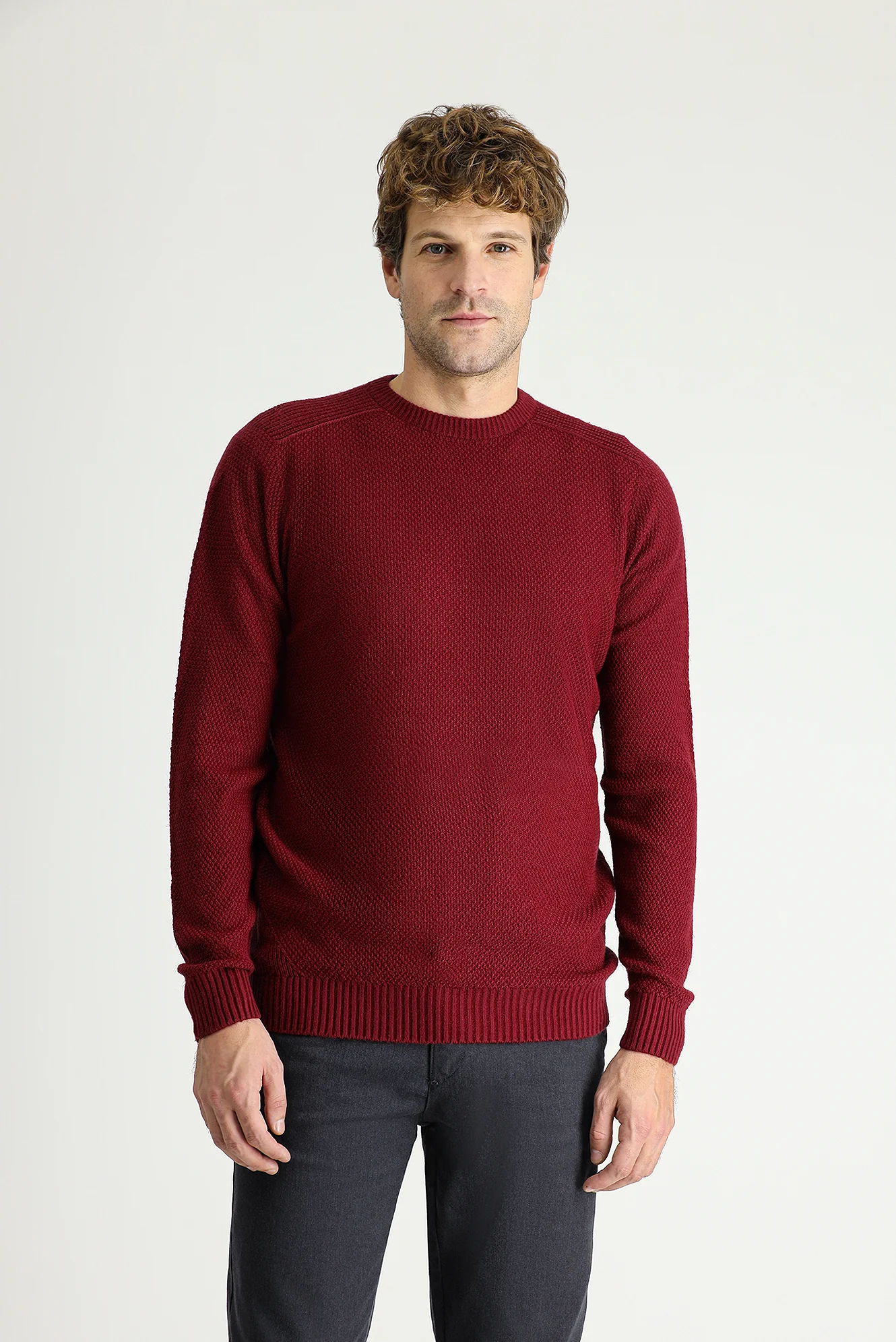 Koyu Bordo Bisiklet Yaka Regular Fit Desenli Dikişsiz Triko Kazak - Image 3