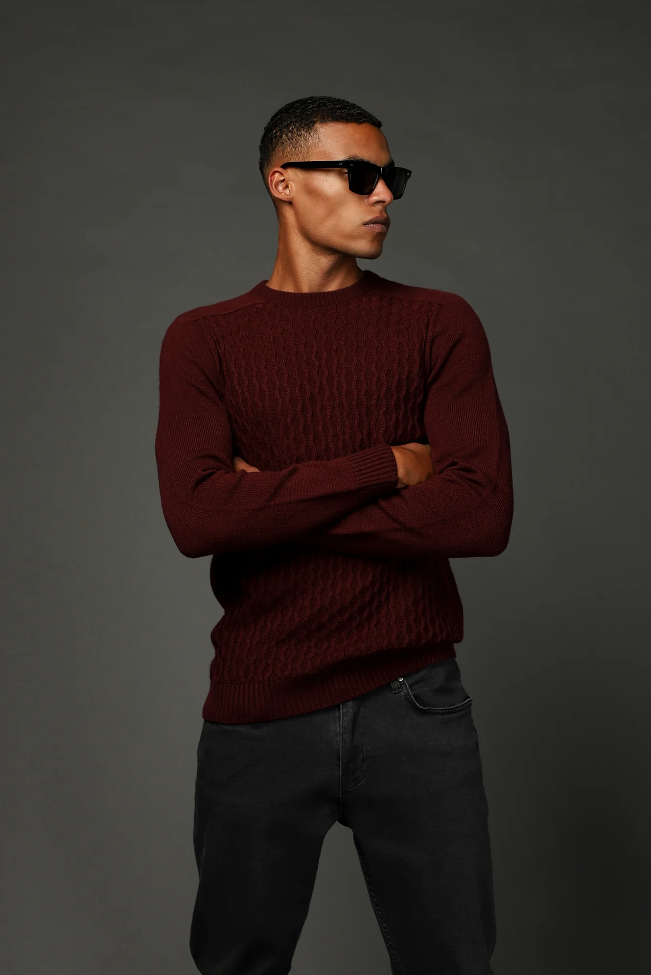 Koyu Bordo Bisiklet Yaka Regular Fit Dikişsiz Desenli Triko Kazak