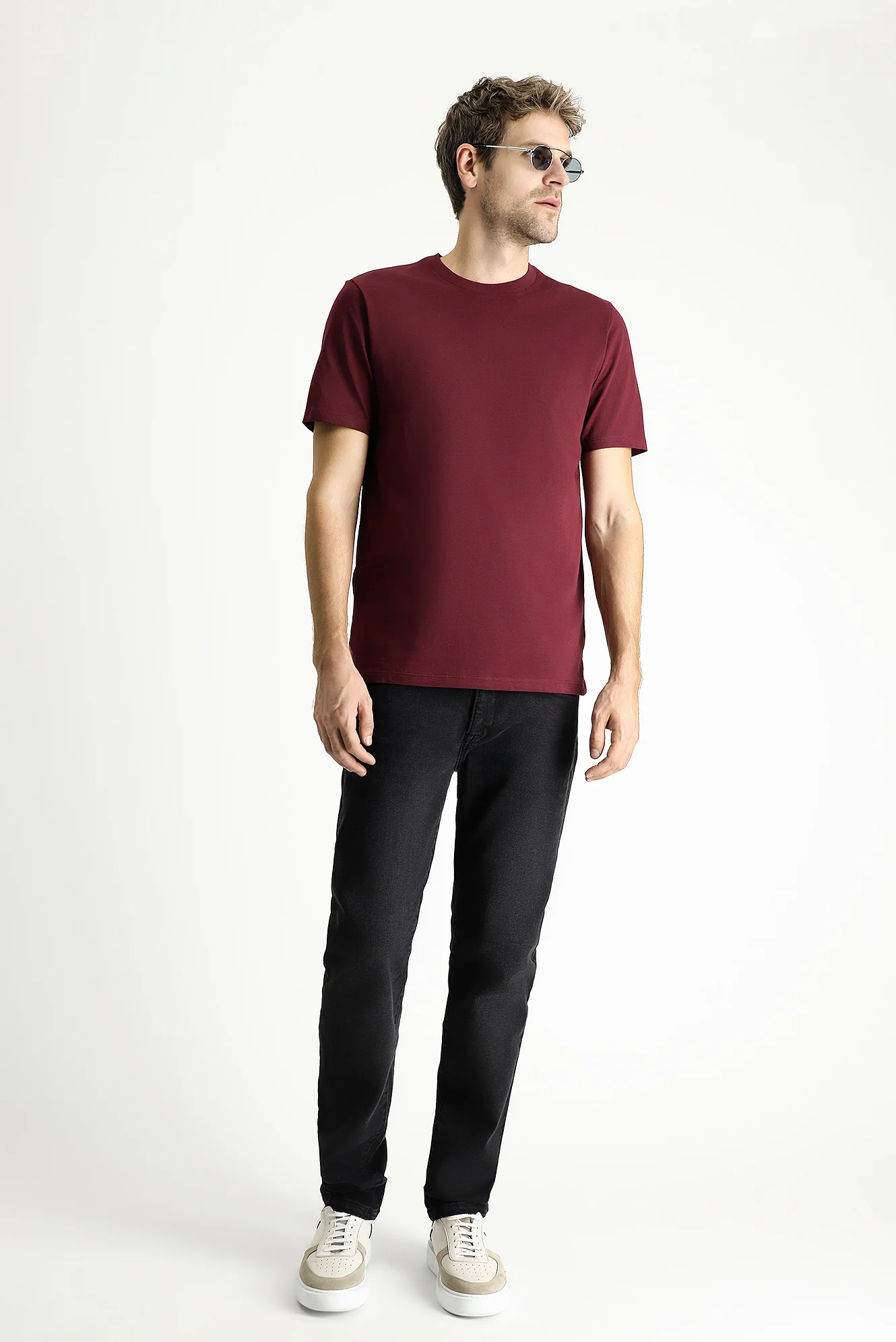 Koyu Bordo Bisiklet Yaka Regular Fit %100 Pamuk Süprem Basic Tişört - Image 2