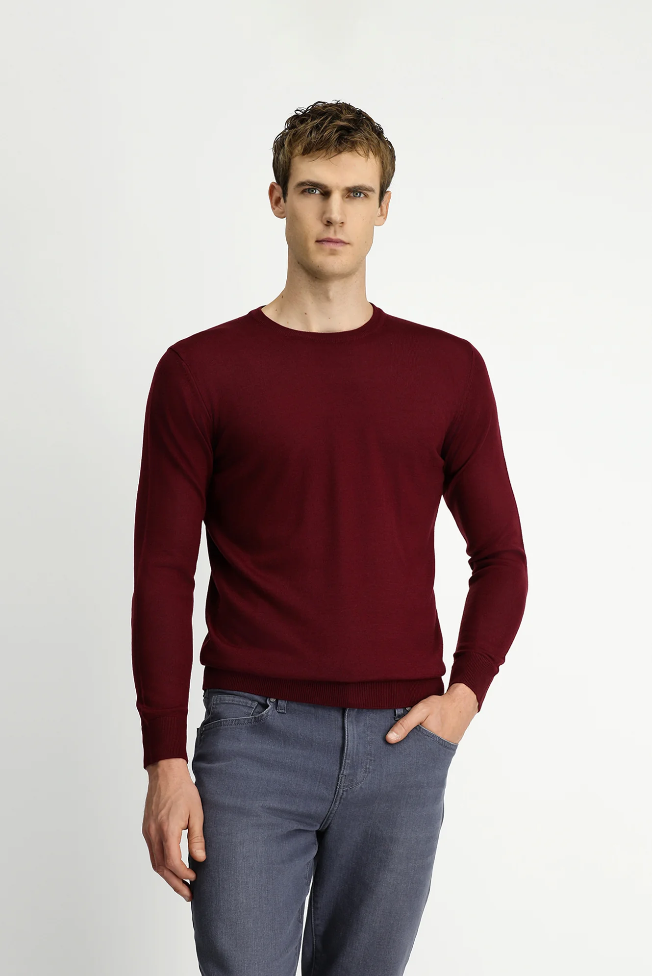Koyu Bordo Bisiklet Yaka Regular Fit Yünlü Örme Triko Kazak