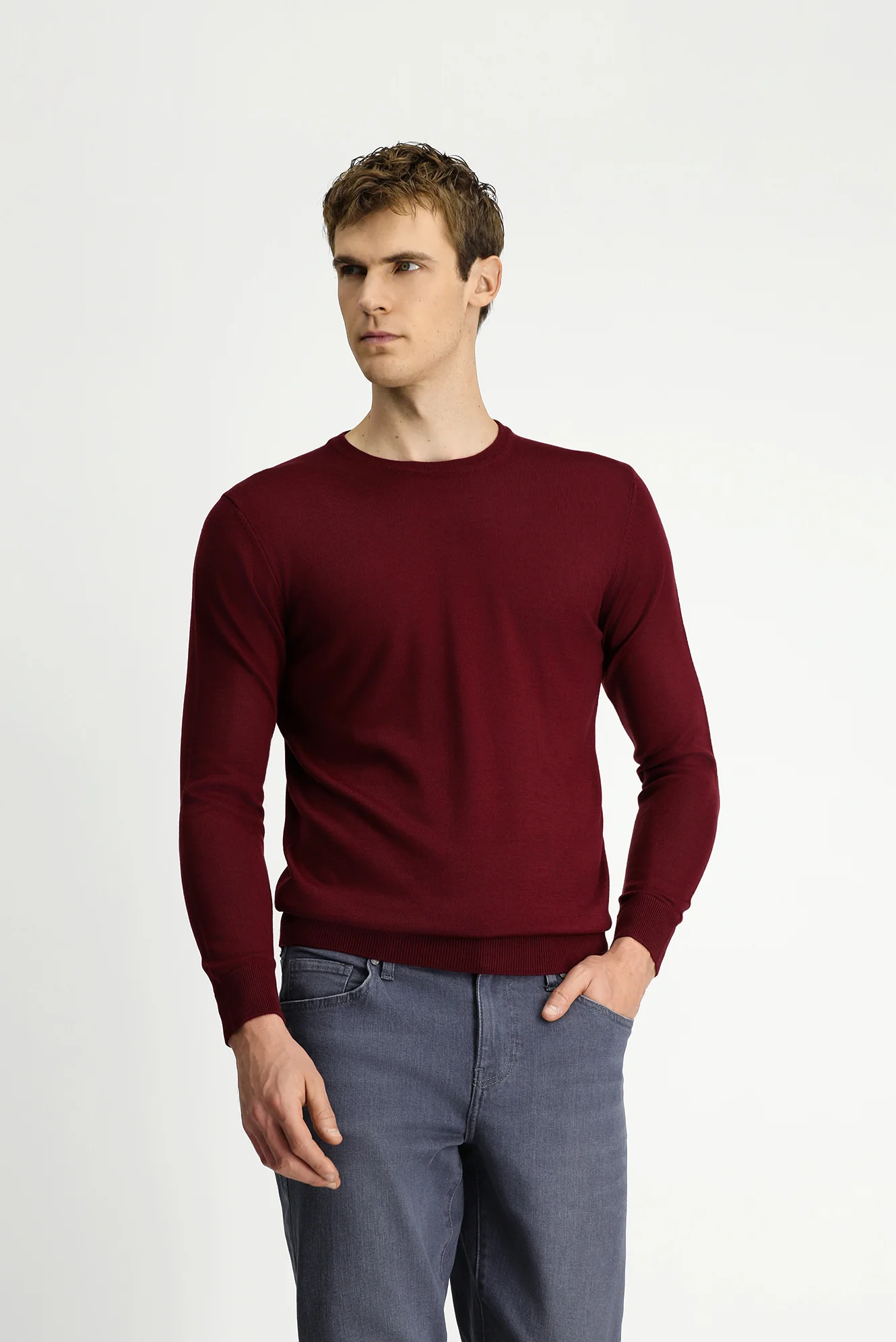 Koyu Bordo Bisiklet Yaka Regular Fit Yünlü Örme Triko Kazak - Image 4
