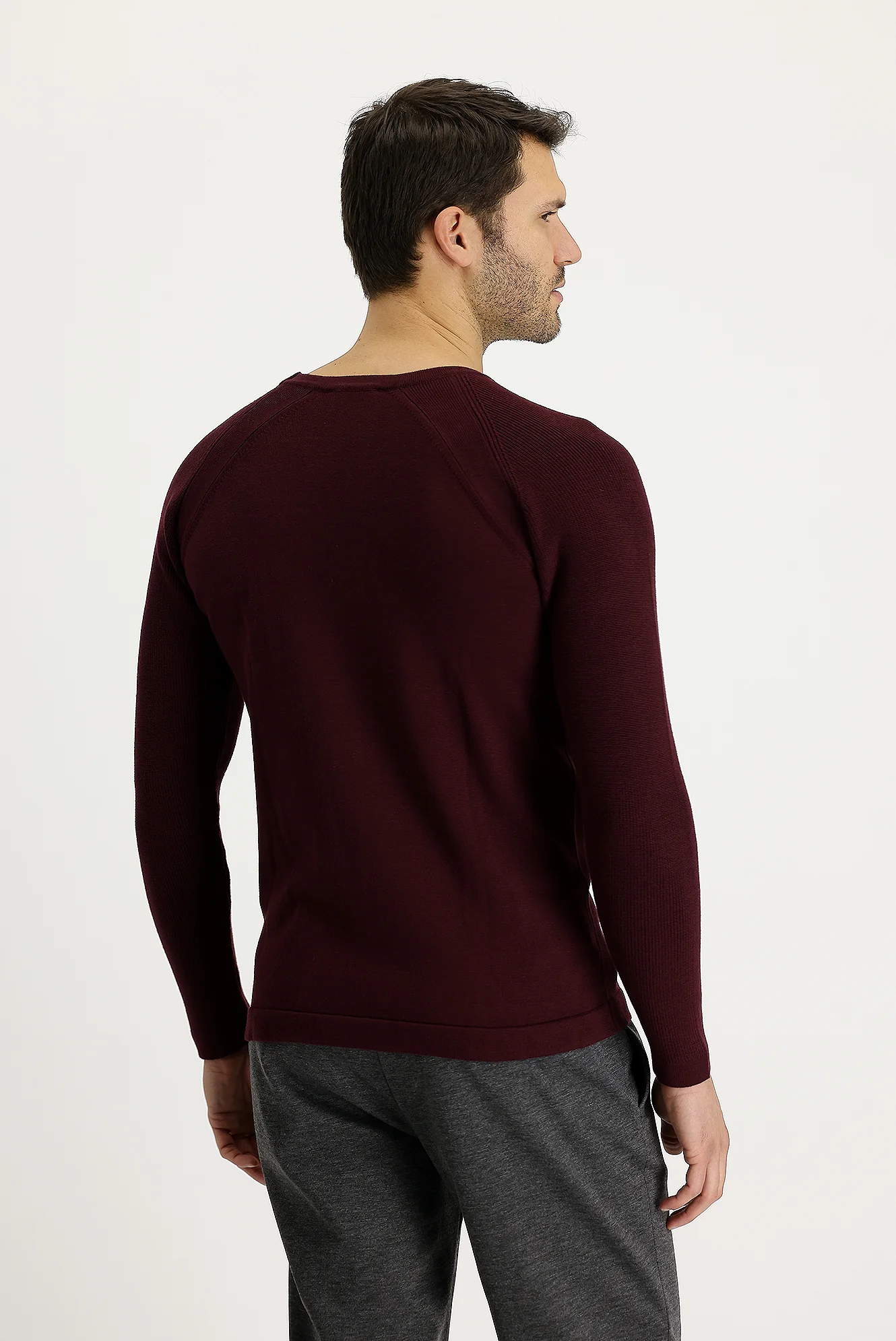Koyu Bordo Bisiklet Yaka Slim Fit Desenli Pamuklu Triko Kazak - Image 2