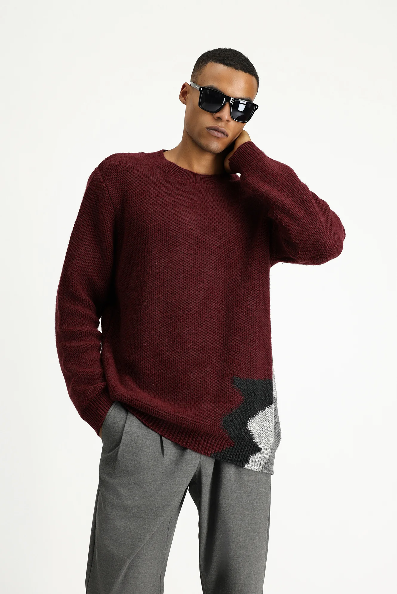 Koyu Bordo Bisiklet Yaka Slim Fit Dar Kesim Desenli Yünlü Triko Kazak
