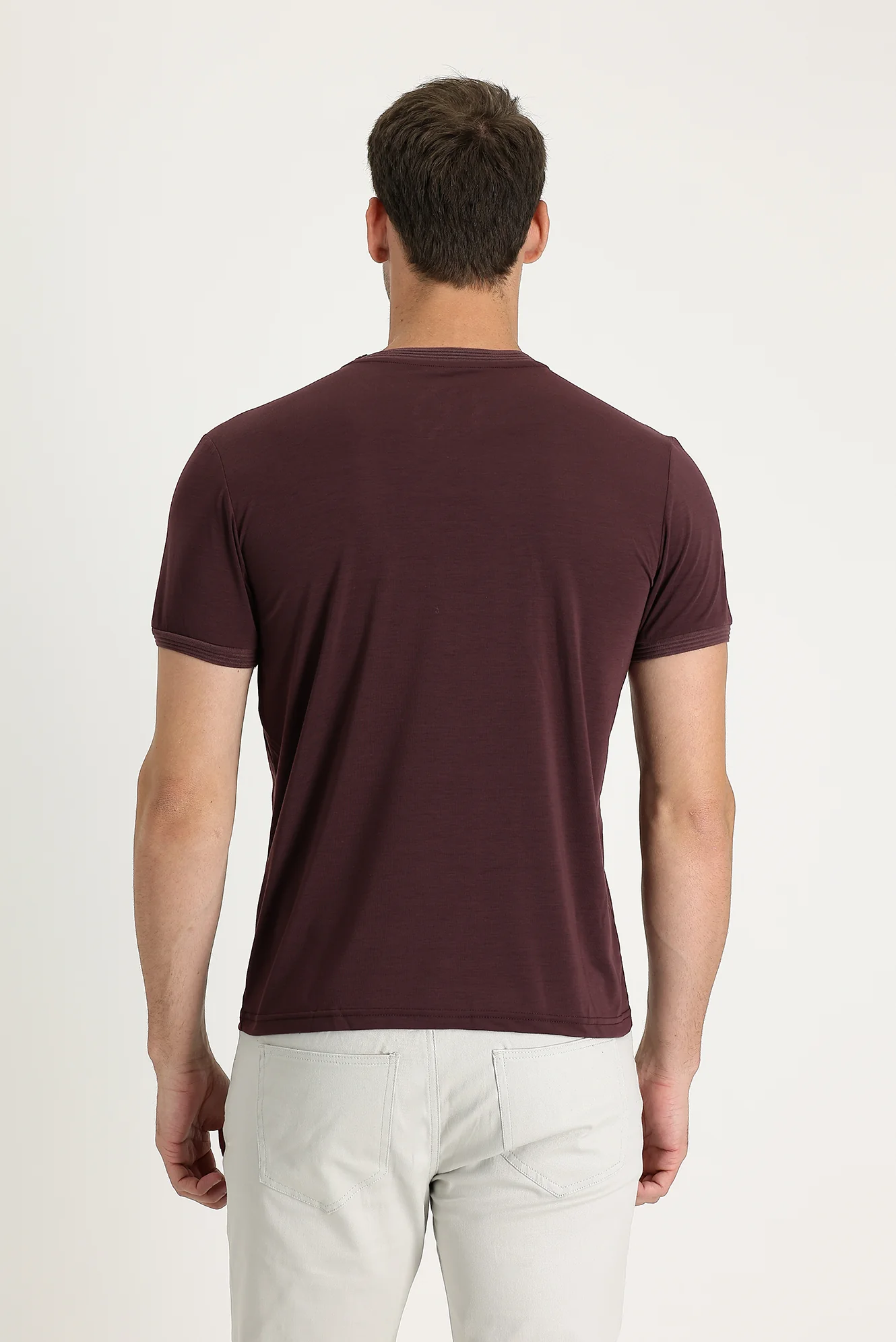 Koyu Bordo Bisiklet Yaka Slim Fit Dar Kesim Nakışlı Tişört - Image 3