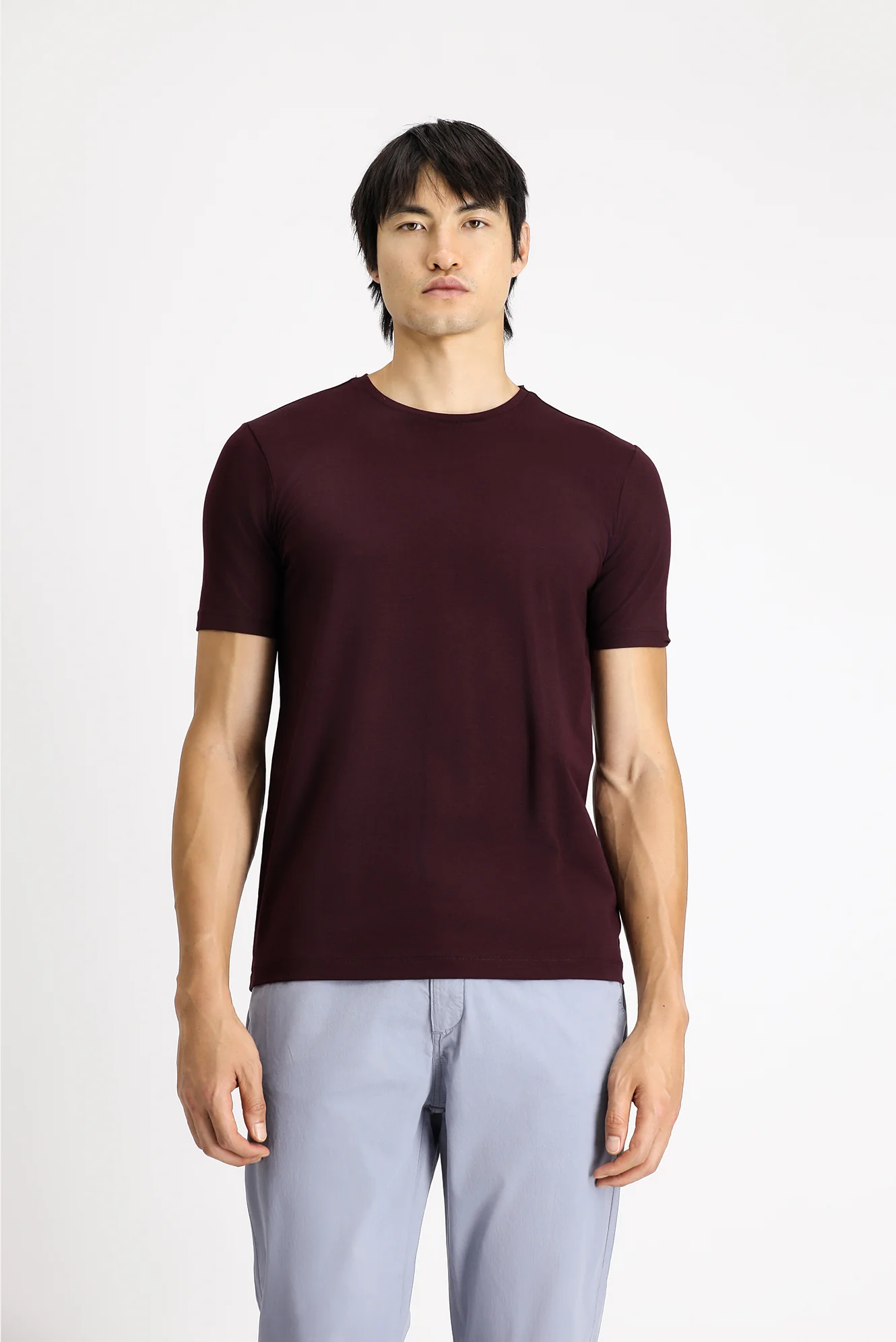 Koyu Bordo Bisiklet Yaka Slim Fit Dar Kesim Pamuklu Tişört - Image 3