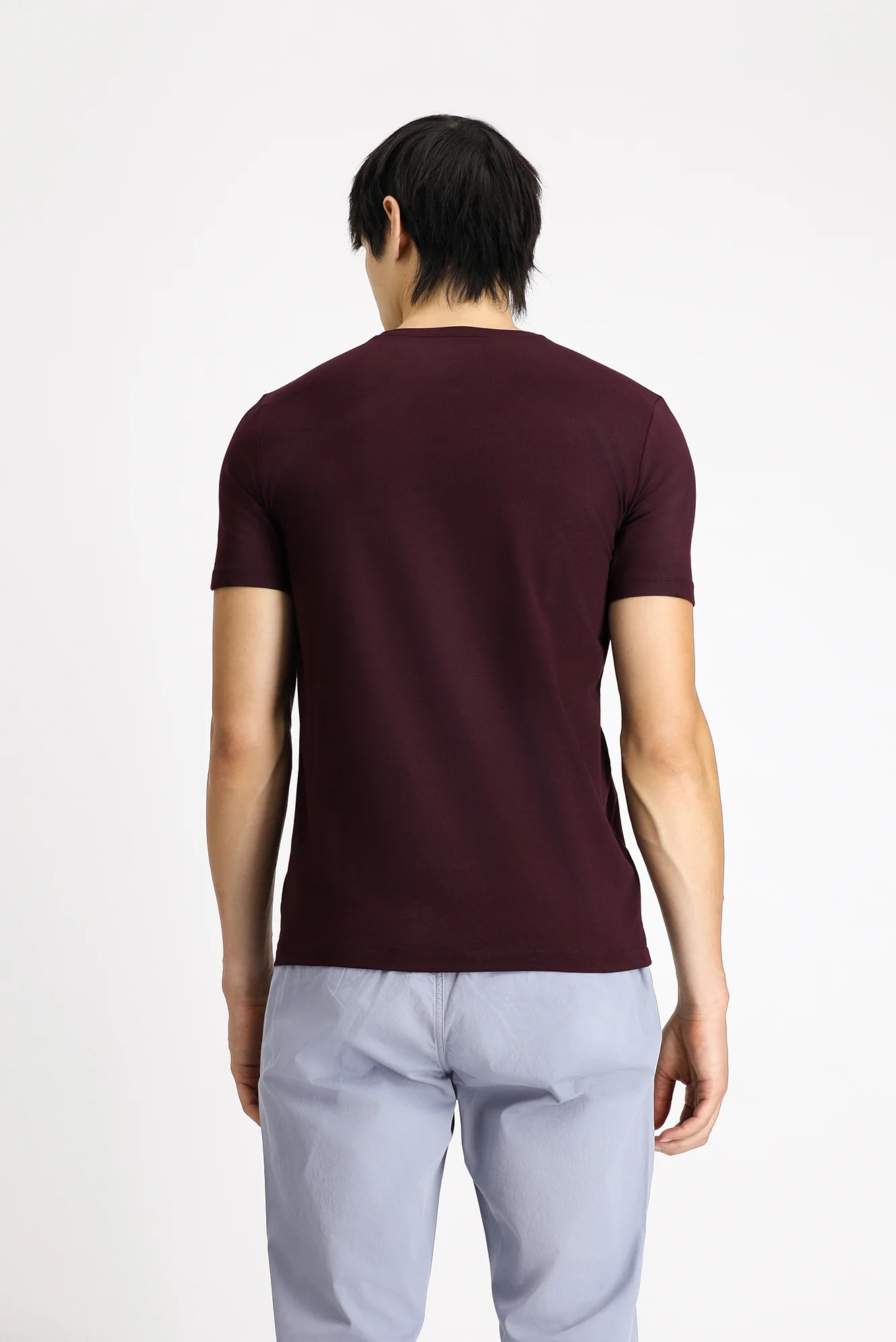Koyu Bordo Bisiklet Yaka Slim Fit Dar Kesim Pamuklu Tişört - Image 4