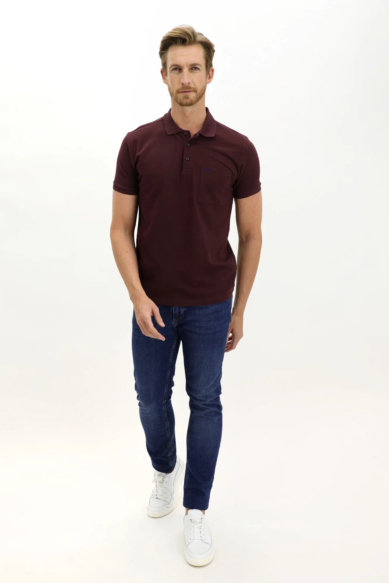 Koyu Bordo Cepli Polo Yaka Regular Fit Nakışlı Pamuk Tişört - Image 2