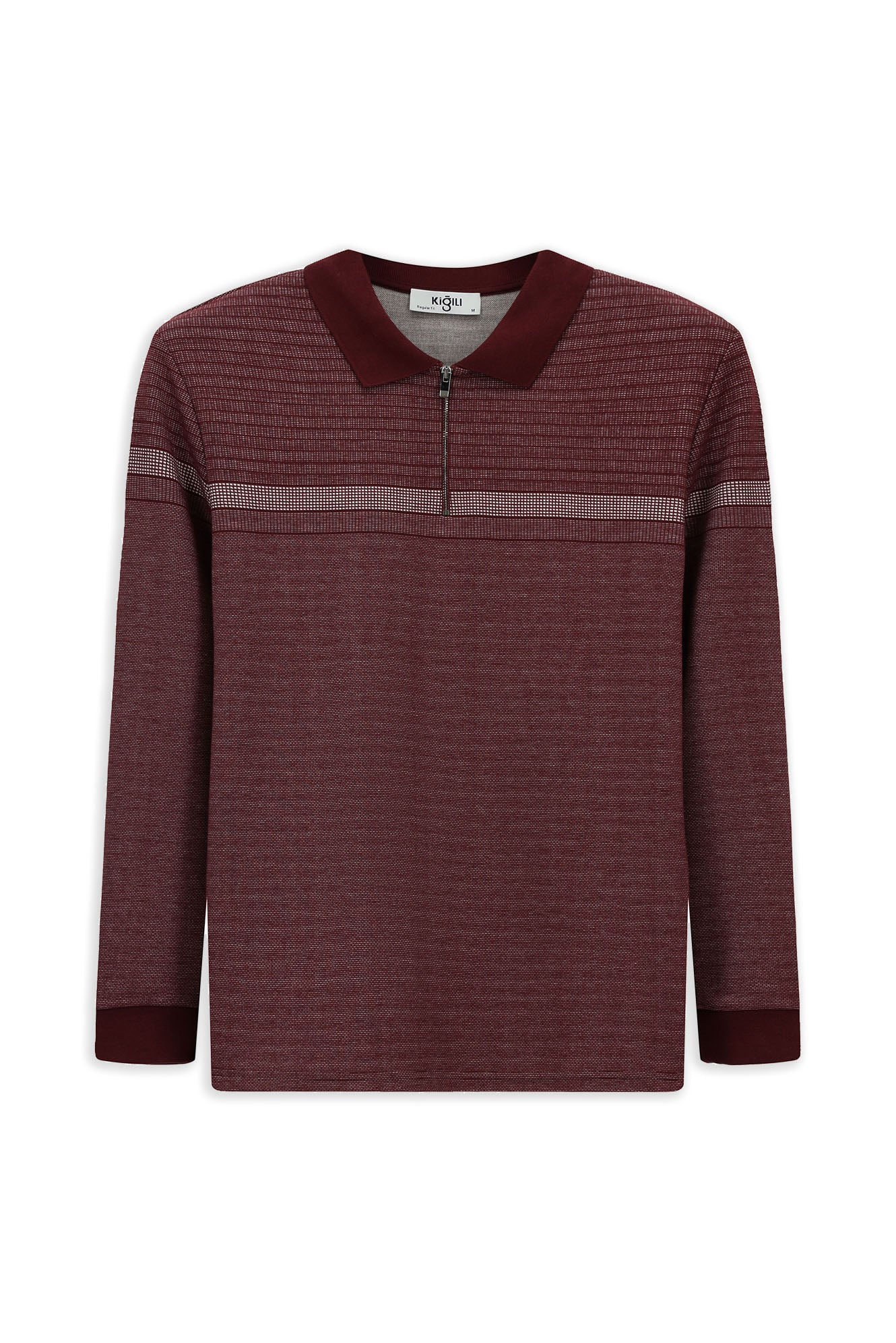 Koyu Bordo Polo Yaka Regular Fit Desenli Fermuarlo Sweatshirt