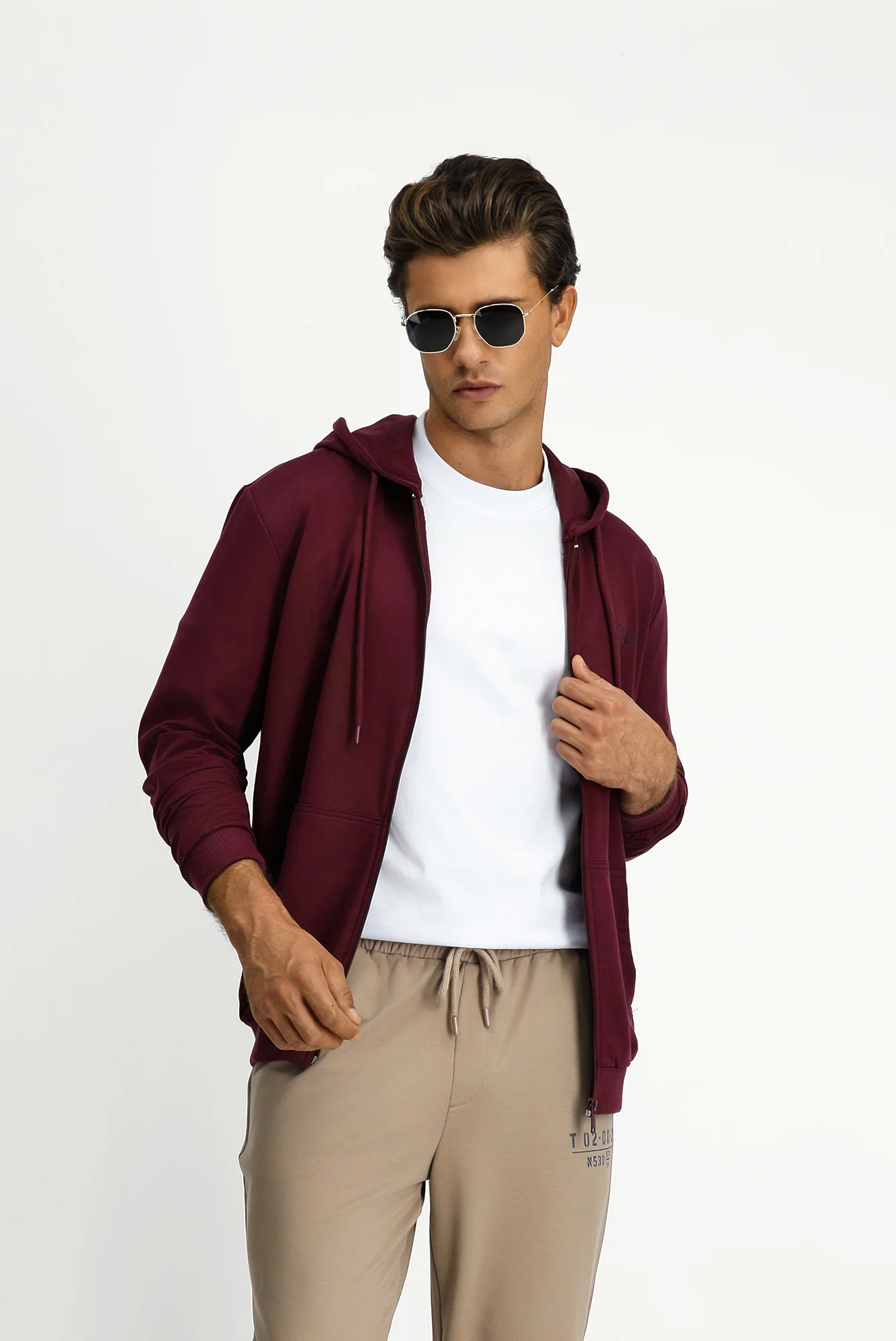 Koyu Bordo Kapüşonlu Regular Fit Fermuarlı Baskılı Pamuklu Sweatshirt