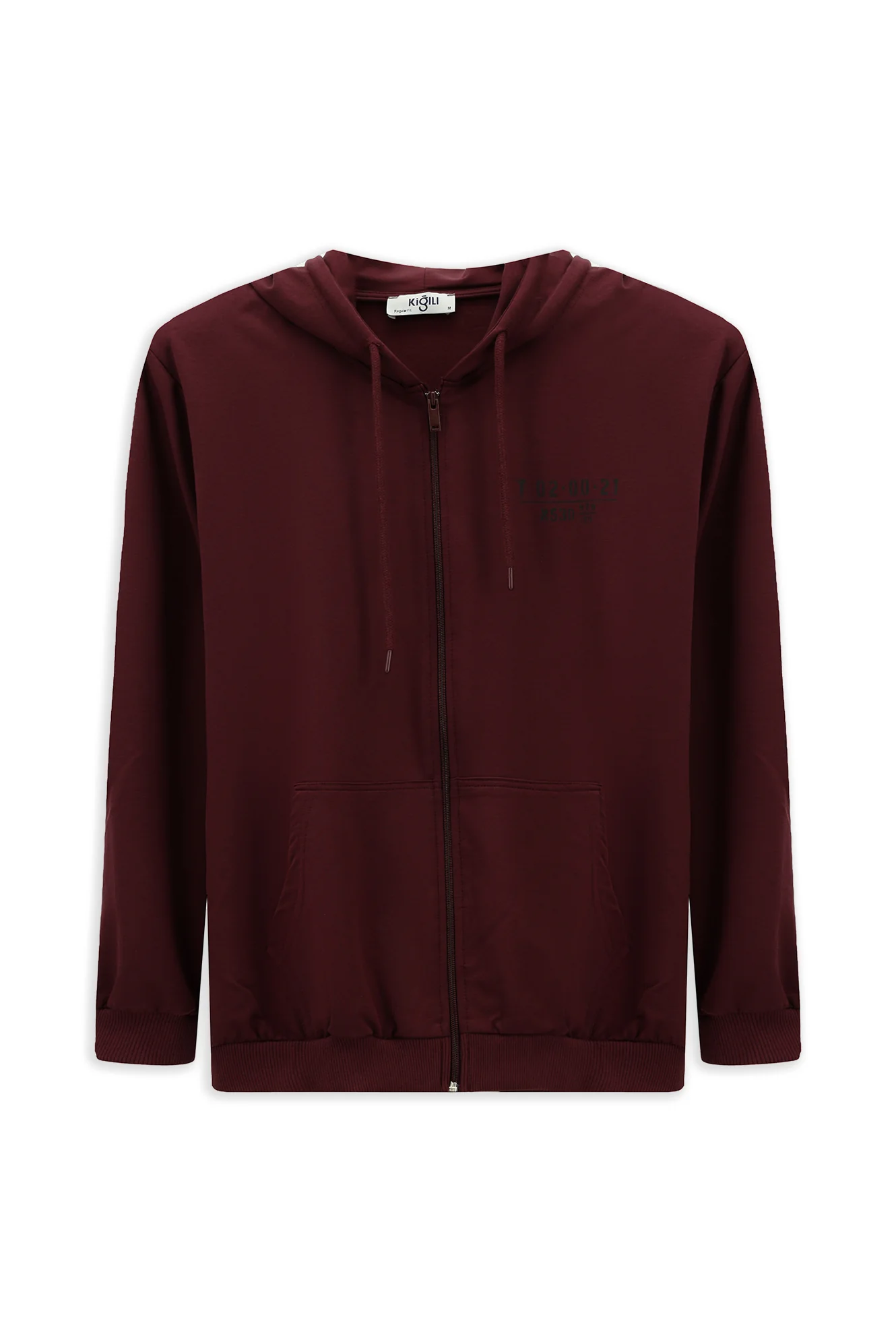 Koyu Bordo Kapüşonlu Regular Fit Fermuarlı Baskılı Pamuklu Sweatshirt - Image 7