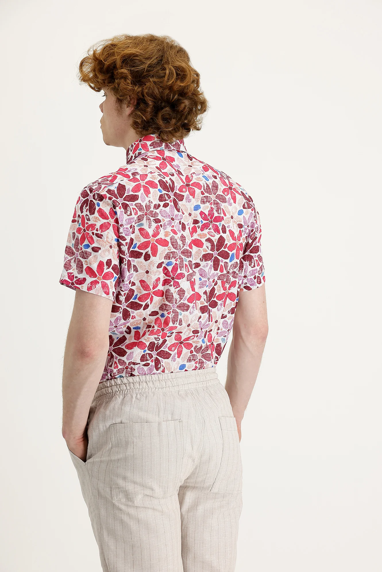 Koyu Bordo Kısa Kol Slim Fit Dar Kesim Baskılı Pamuk Gömlek - Image 3