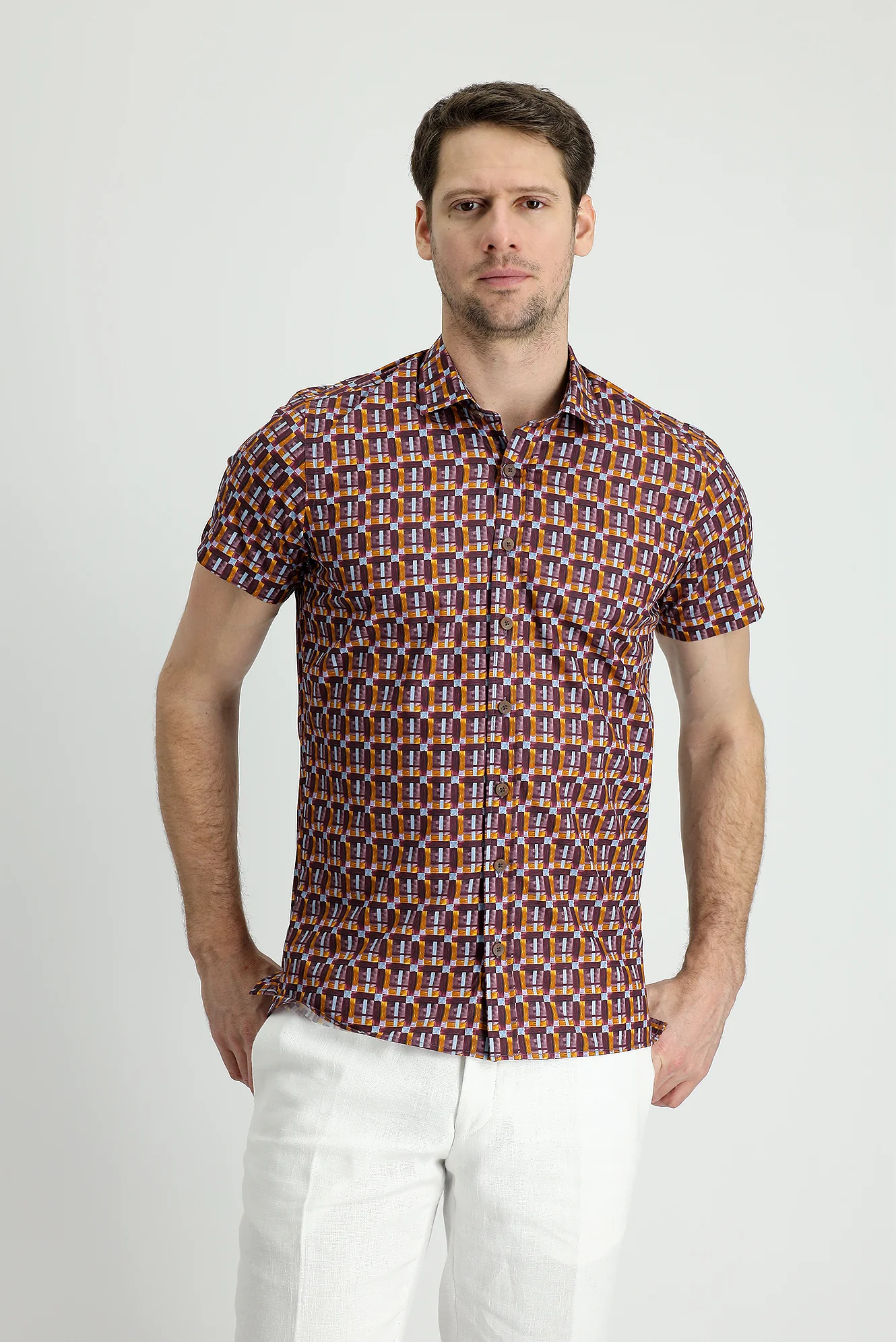 Koyu Bordo Kısa Kol Slim Fit Dar Kesim Baskılı Pamuk Gömlek - Image 3