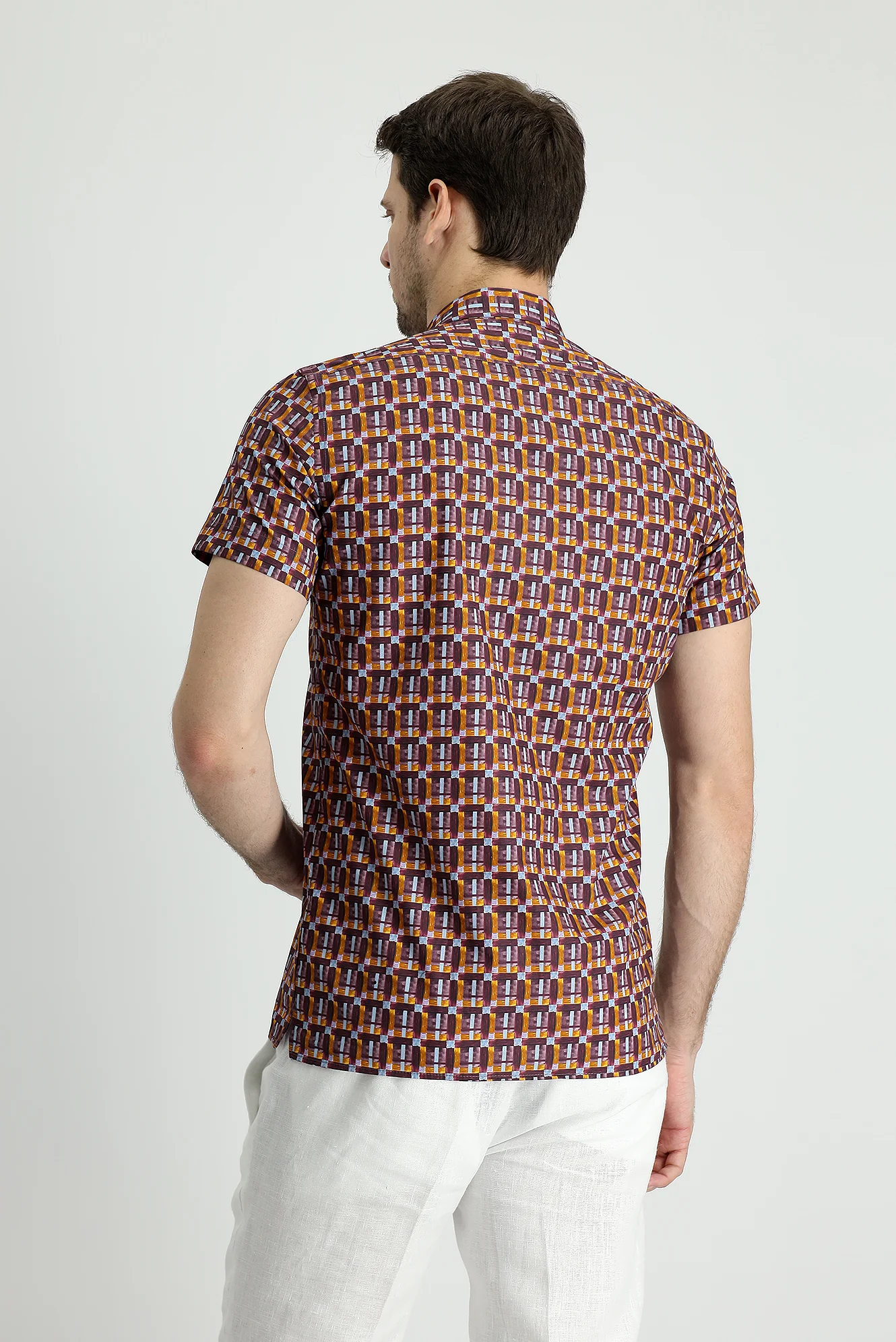 Koyu Bordo Kısa Kol Slim Fit Dar Kesim Baskılı Pamuk Gömlek - Image 4