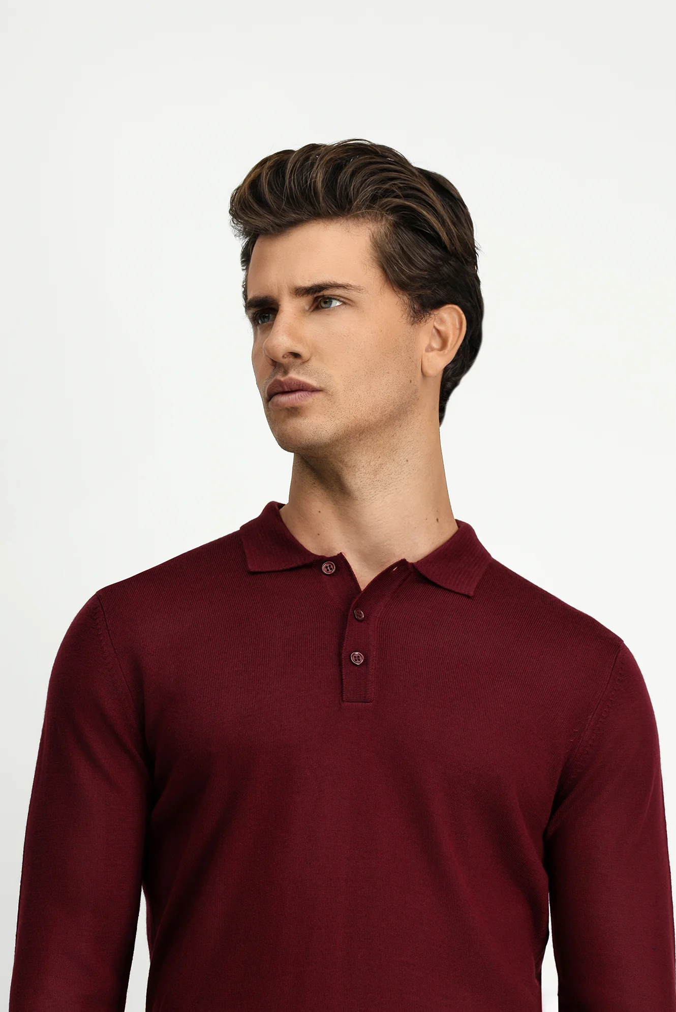 Koyu Bordo Polo Yaka Düğmeli Regular Fit Sıcak Tutan Yünlü Triko Kazak - Image 4
