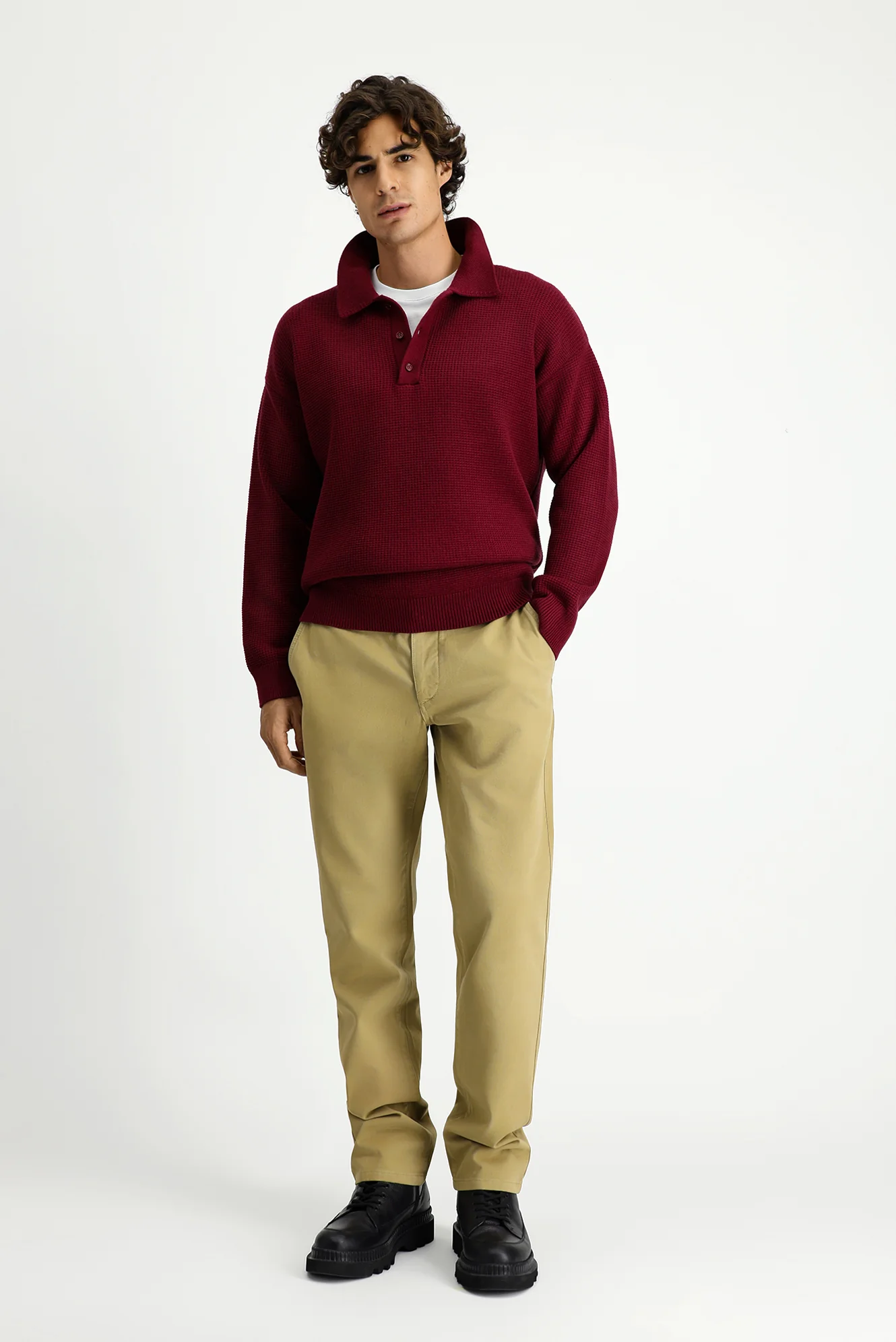Koyu Bordo Polo Yaka Oversize Ekstra Rahat Kesim Desenli Triko Kazak - Image 2