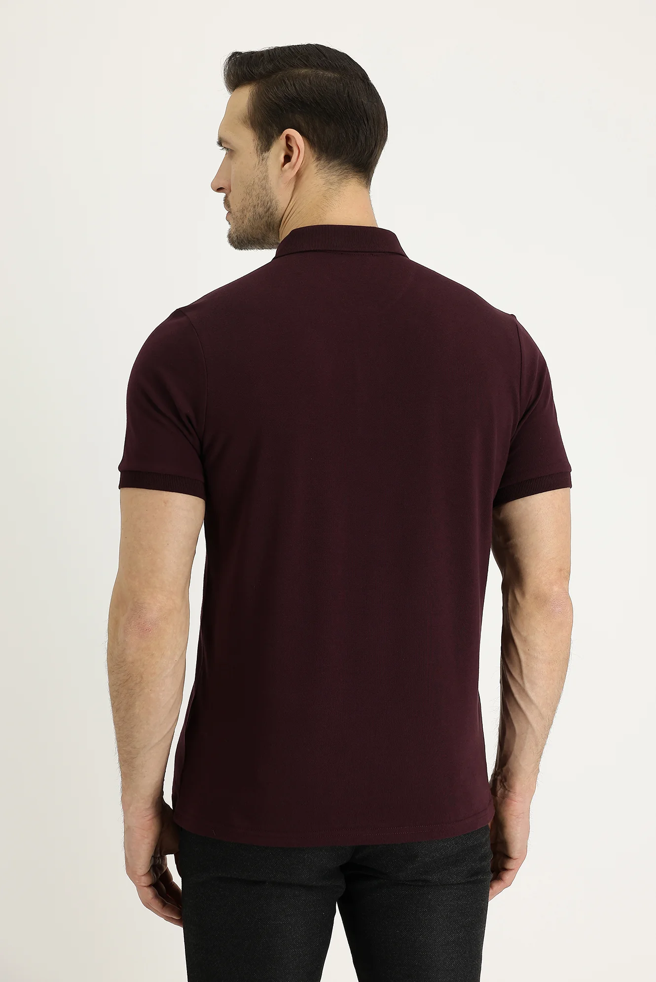 Koyu Bordo Polo Yaka Regular Fit Nakışlı Pamuk Tişört - Image 3