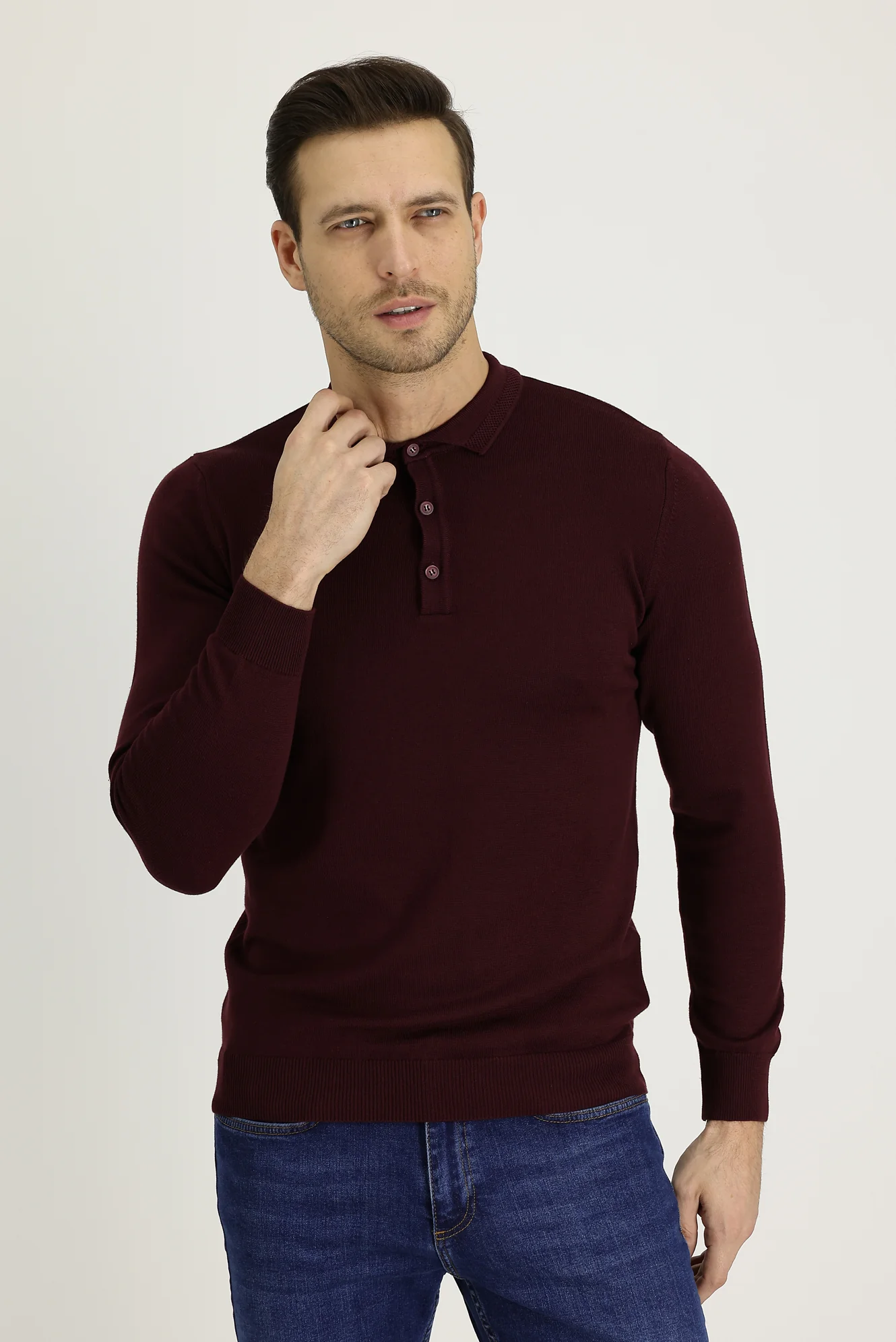 Koyu Bordo Polo Yaka Regular Fit Pamuklu Triko Kazak - Image 2