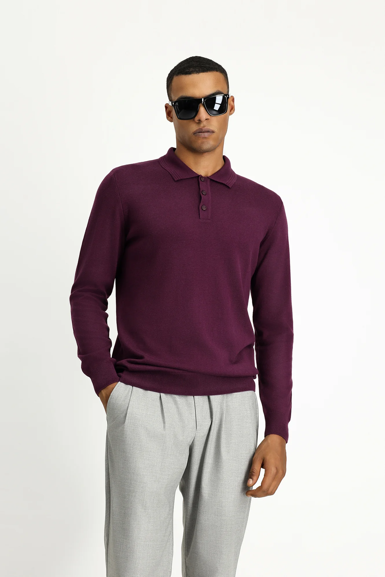 Koyu Bordo Polo Yaka Regular Fit Pamuklu Triko Kazak - Image 2