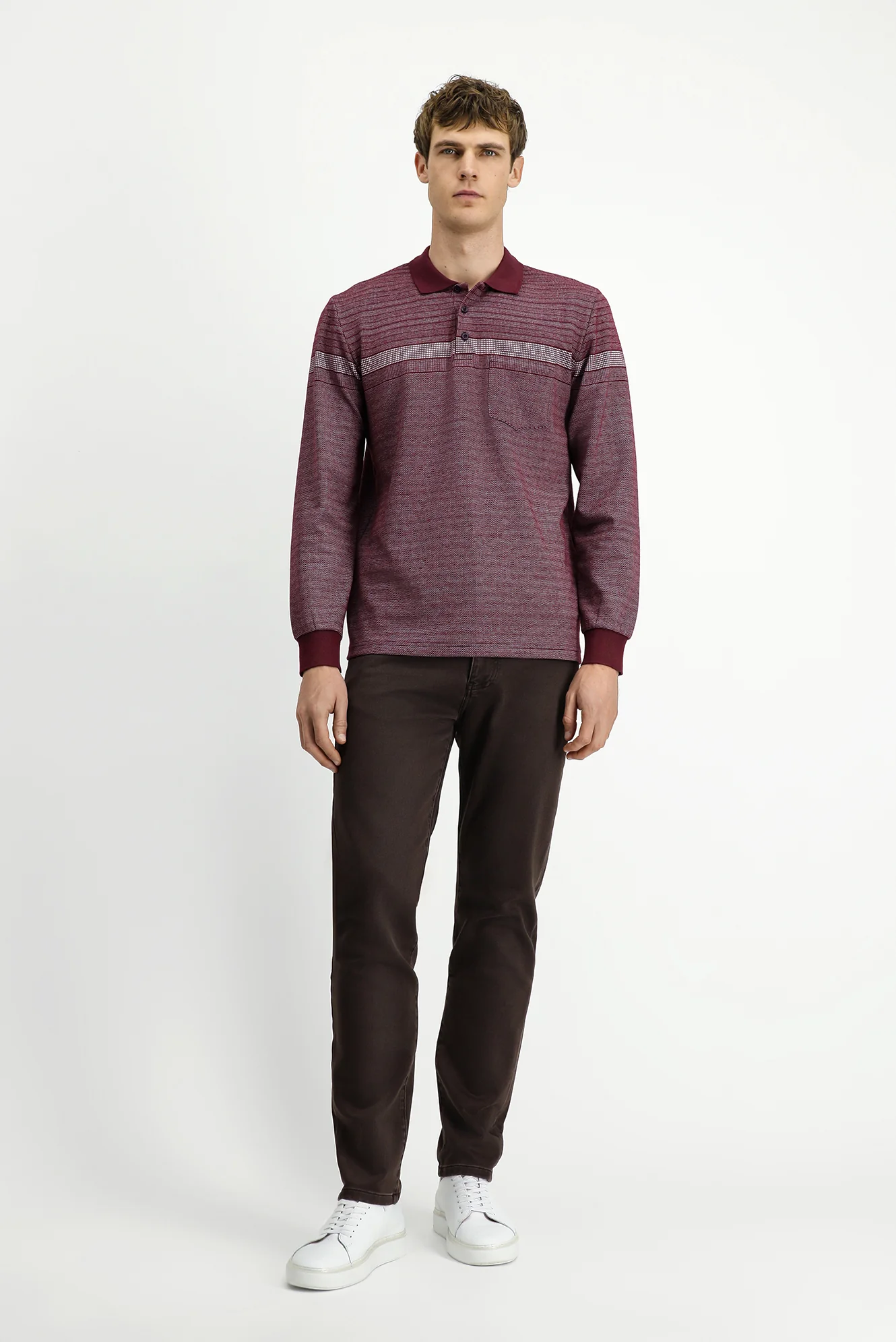Koyu Bordo Polo Yaka Regular Fit Çizgili Sweatshirt - Image 2