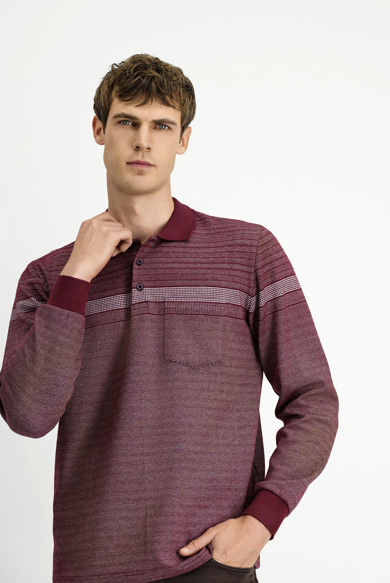 Koyu Bordo Polo Yaka Regular Fit Çizgili Sweatshirt - Image 3
