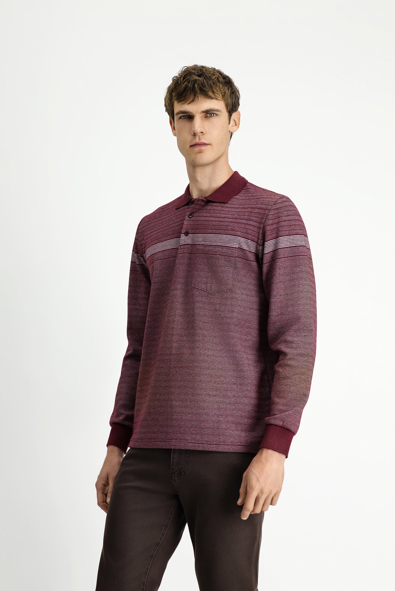 Koyu Bordo Polo Yaka Regular Fit Çizgili Sweatshirt - Image 4