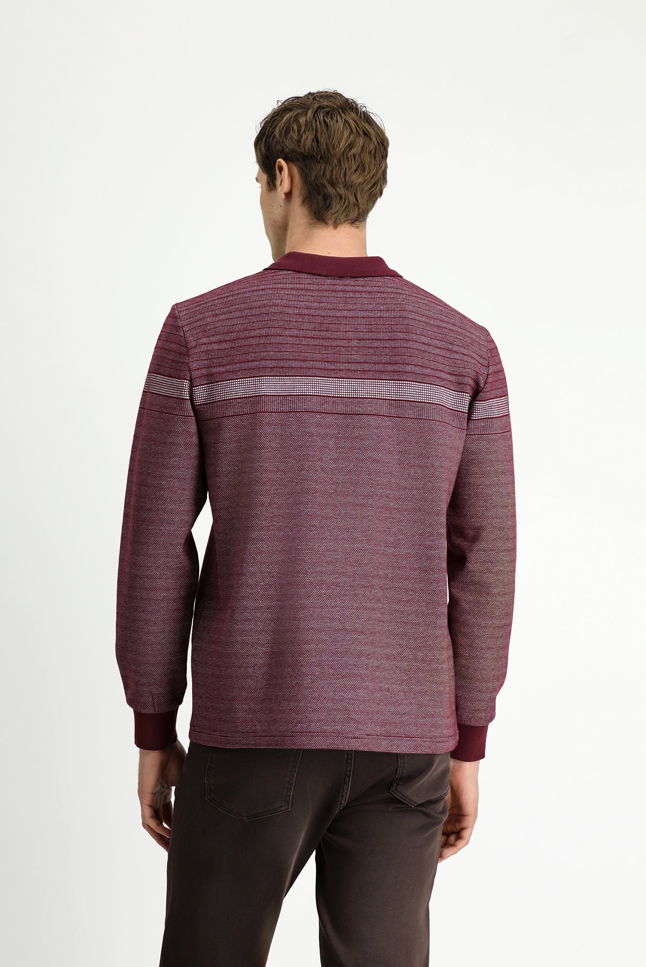 Koyu Bordo Polo Yaka Regular Fit Çizgili Sweatshirt - Image 5