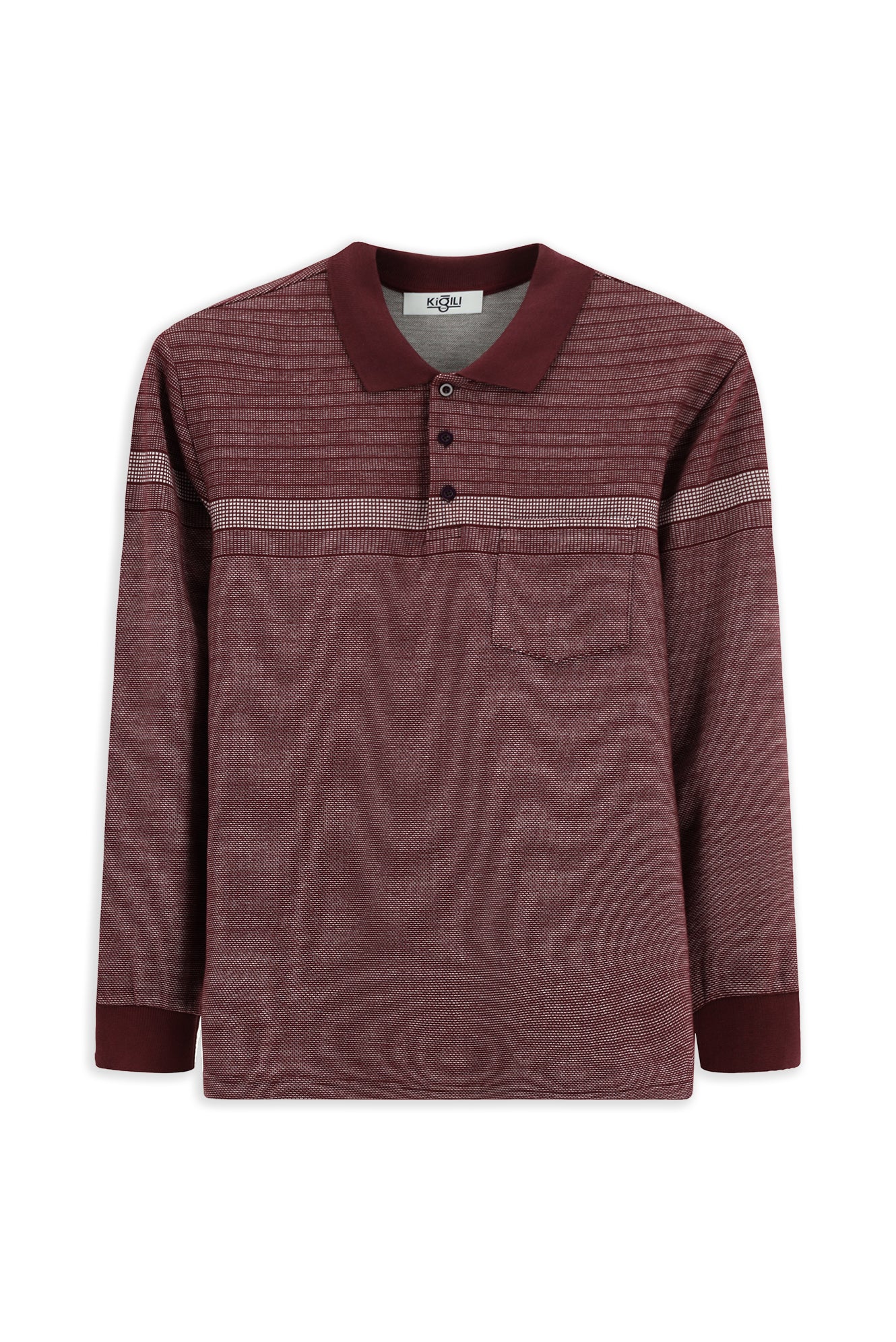 Koyu Bordo Polo Yaka Regular Fit Çizgili Sweatshirt - Image 7