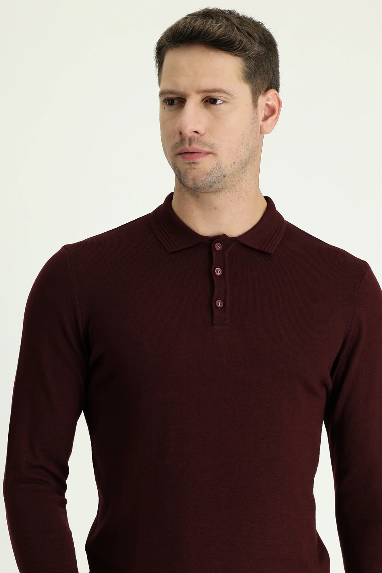 Koyu Bordo Polo Yaka Regular Fit Pamuklu Triko Kazak - Image 2