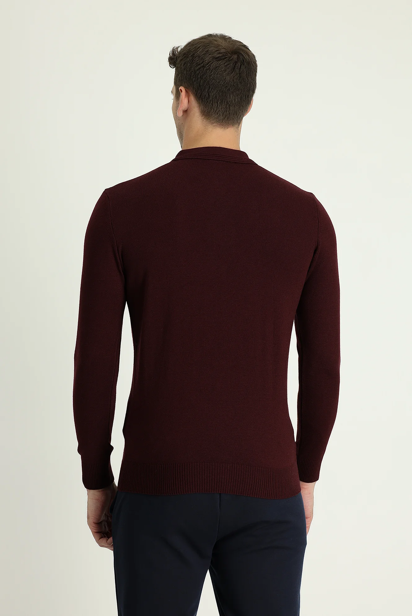 Koyu Bordo Polo Yaka Regular Fit Pamuklu Triko Kazak - Image 3