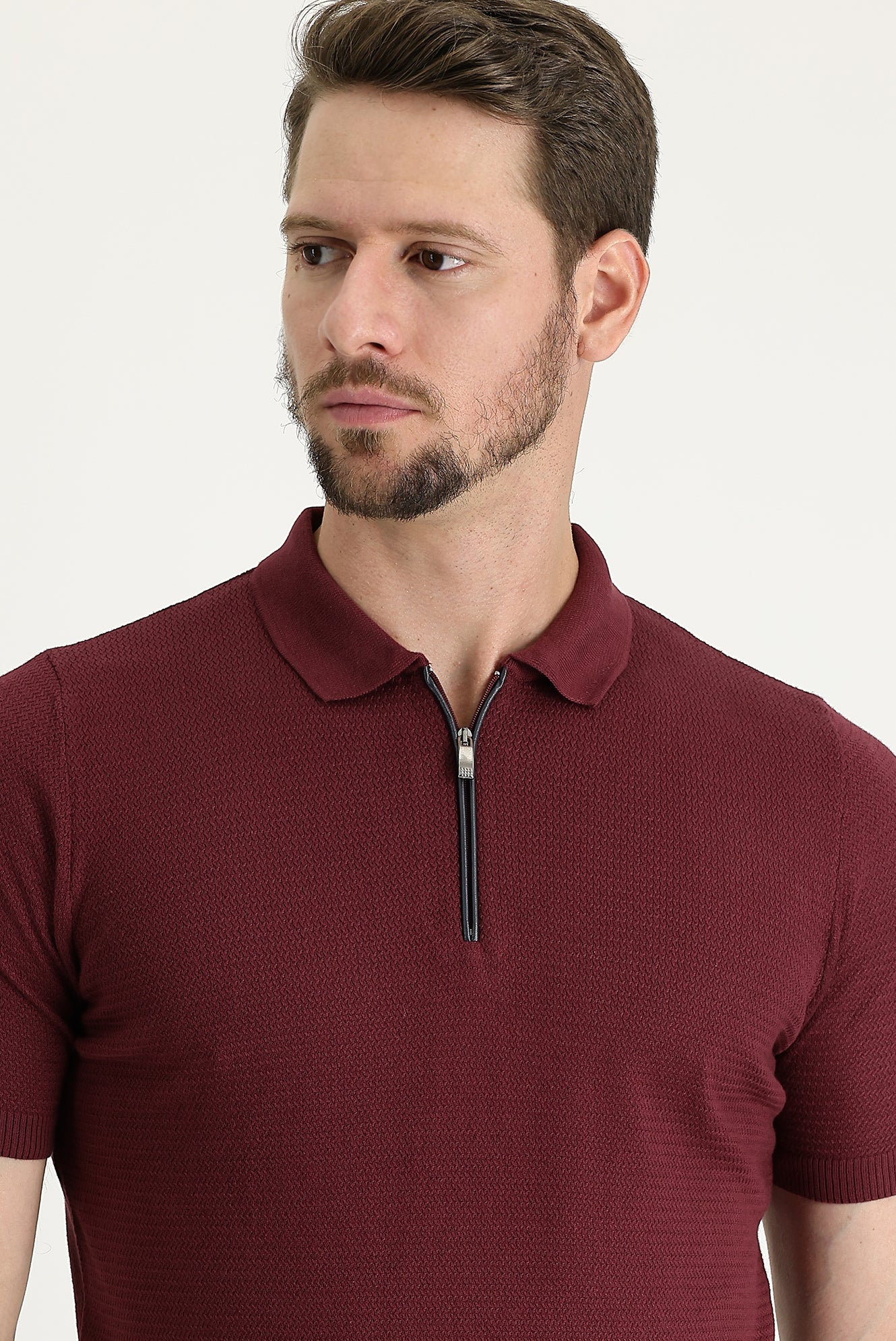 Koyu Bordo Polo Yaka Slim Fit Dar Kesim Fermuarlı Desenli Pamuk Tişört - Image 2
