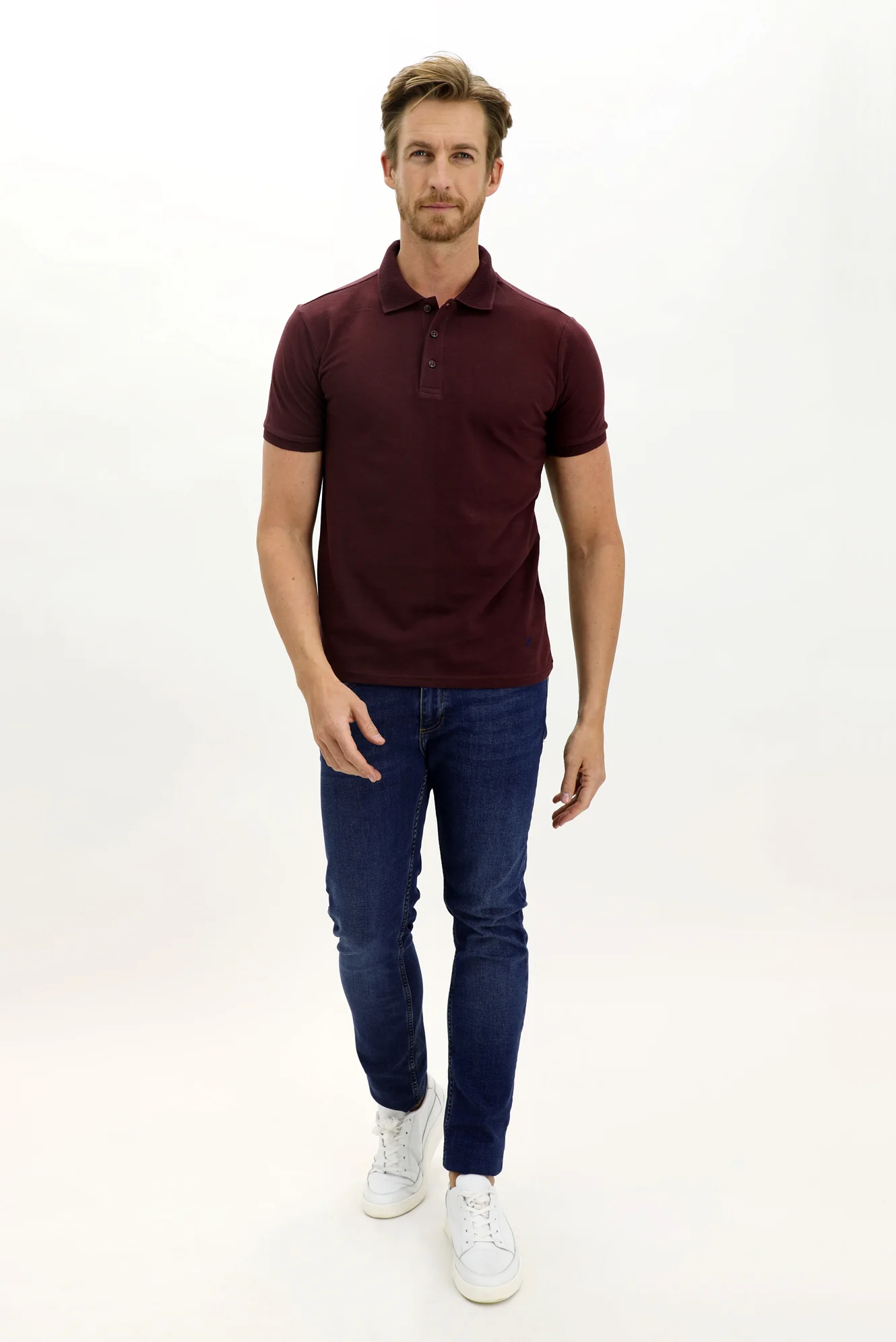 Koyu Bordo Polo Yaka Slim Fit Dar Kesim Nakışlı Pamuk Tişört - Image 2