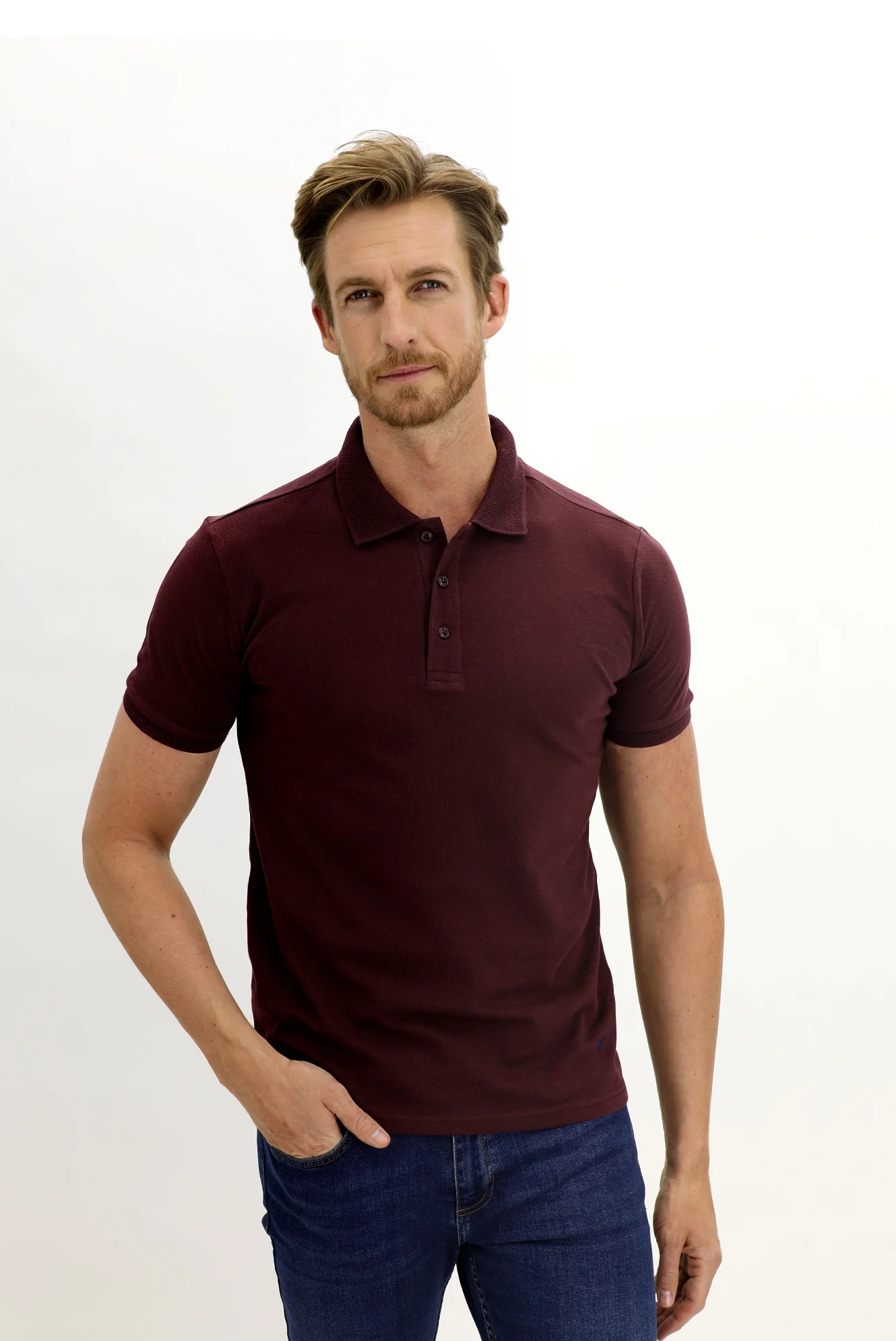 Koyu Bordo Polo Yaka Slim Fit Dar Kesim Nakışlı Pamuk Tişört - Image 3