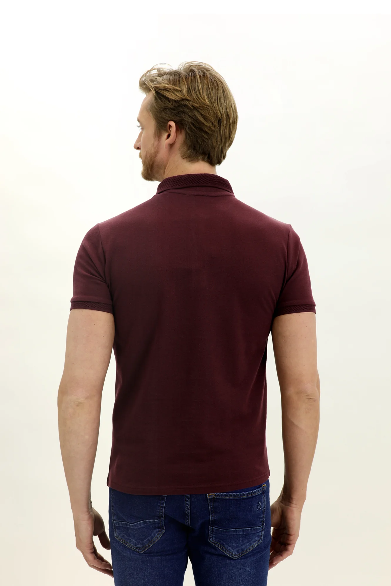 Koyu Bordo Polo Yaka Slim Fit Dar Kesim Nakışlı Pamuk Tişört - Image 5