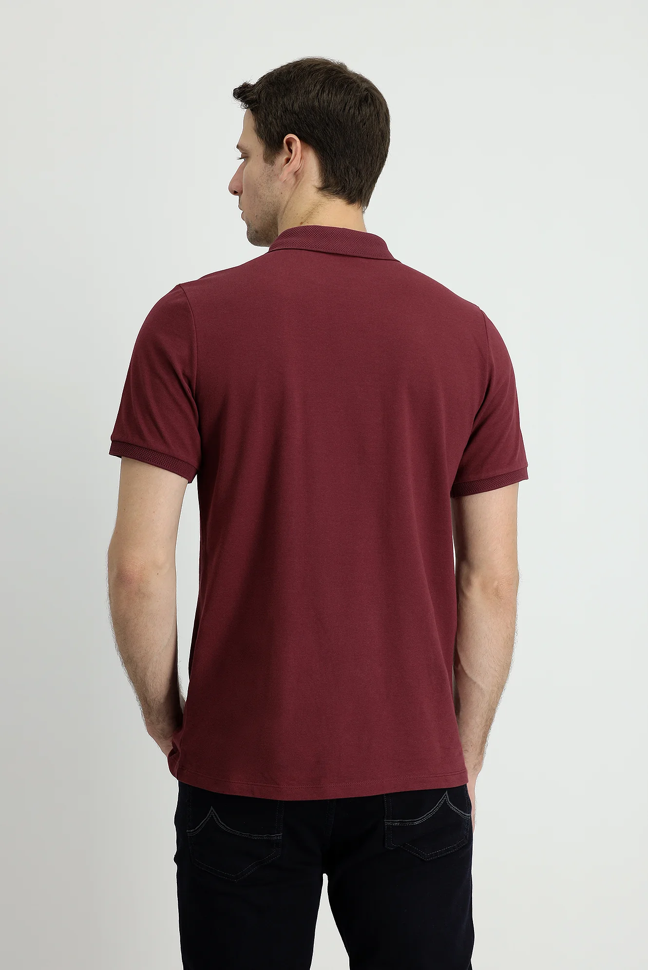 Koyu Bordo Polo Yaka Slim Fit Dar Kesim Nakışlı Pamuk Tişört - Image 2