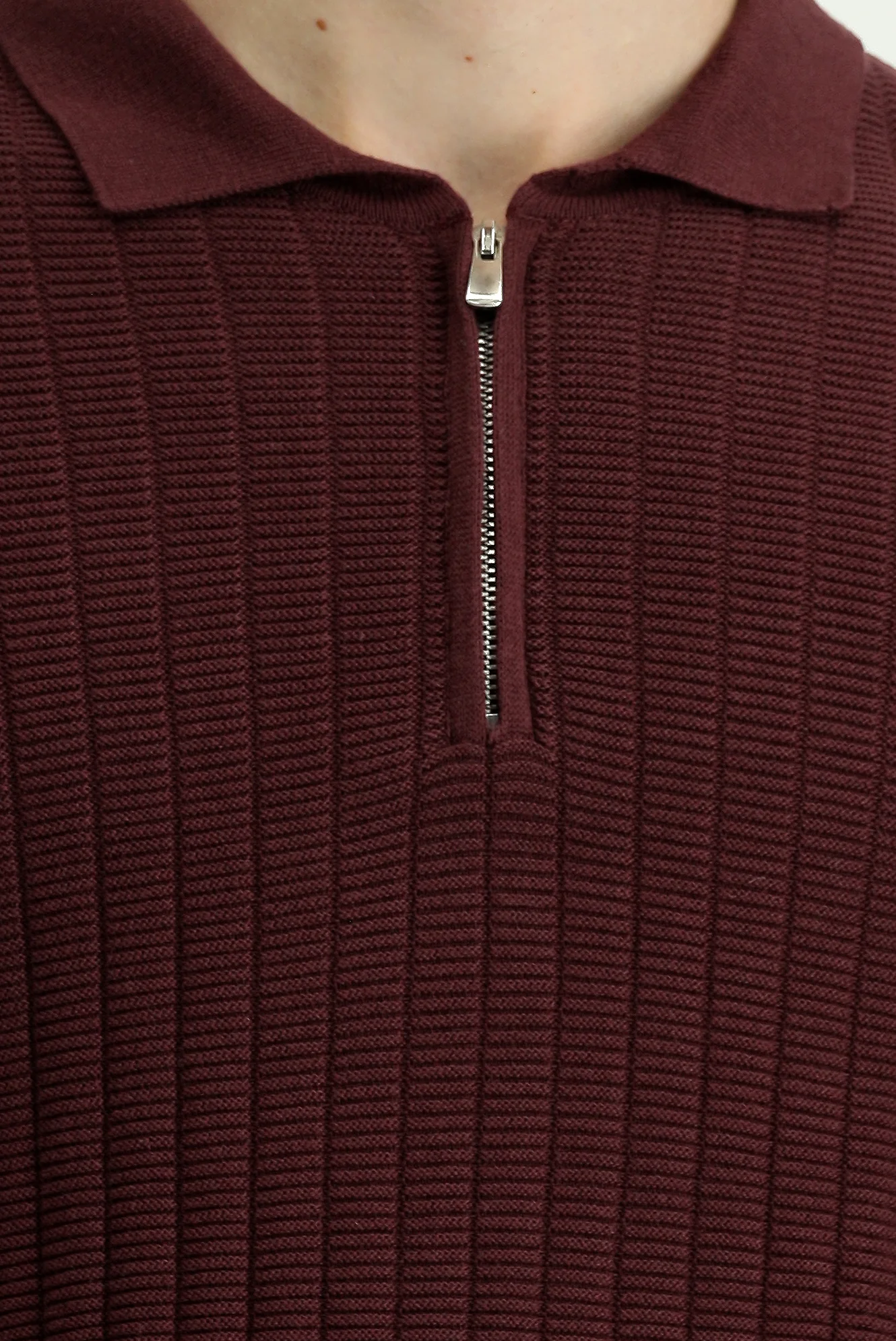 Koyu Bordo Polo Yaka Regular Fit Desenli Fermuarlı Pamuklu Triko Kazak - Image 6
