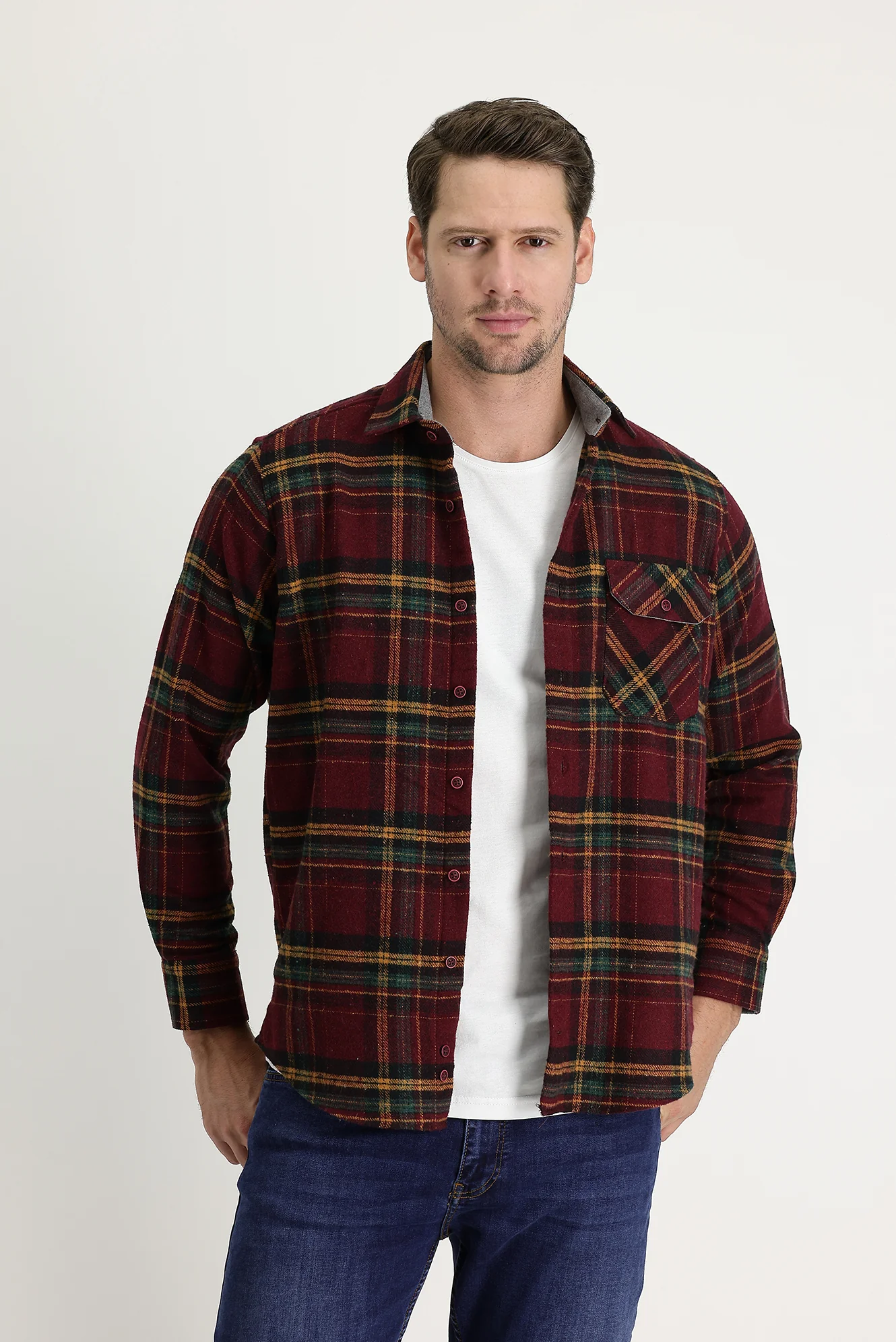 Koyu Bordo Regular Fit Ekose Shacket Pamuklu Gömlek - Image 2