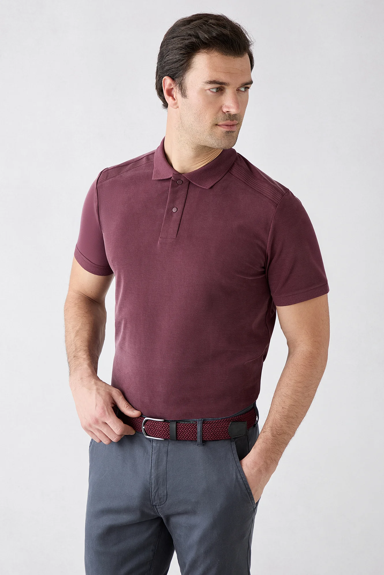 Koyu Bordo Regular Fit Çıtçıtlı Polo Yaka Ribana Detaylı Lyocell Karışımlı Tişört - Image 4
