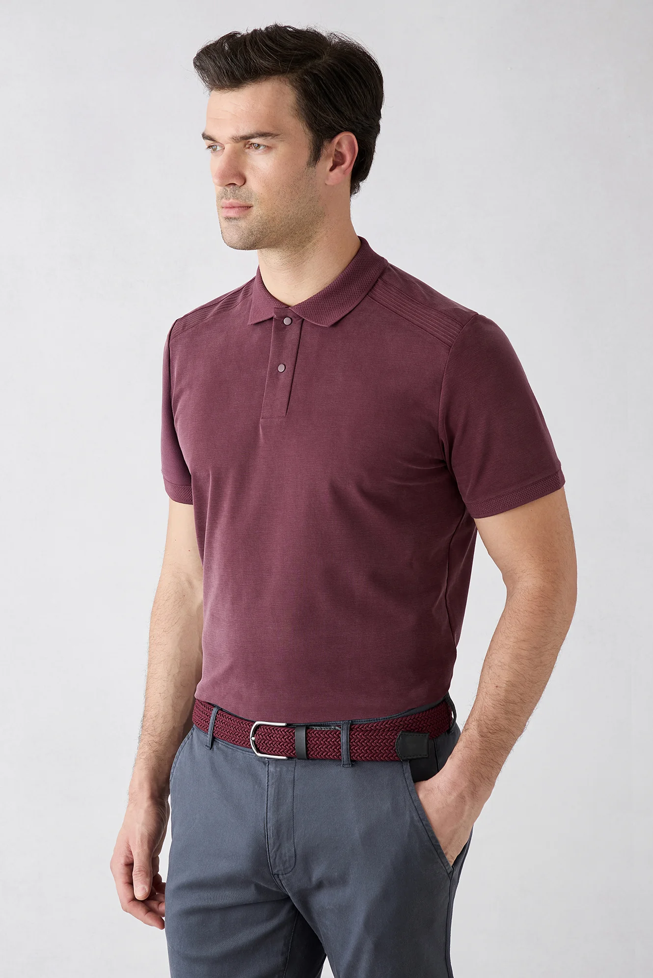 Koyu Bordo Regular Fit Çıtçıtlı Polo Yaka Ribana Detaylı Lyocell Karışımlı Tişört - Image 5