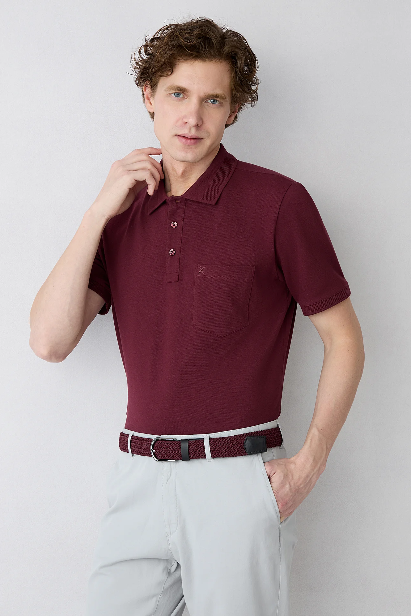 Koyu Bordo Kıvrılmaz Polo Yaka Regular Fit Cepli Ribana Detaylı Pamuk Tişört