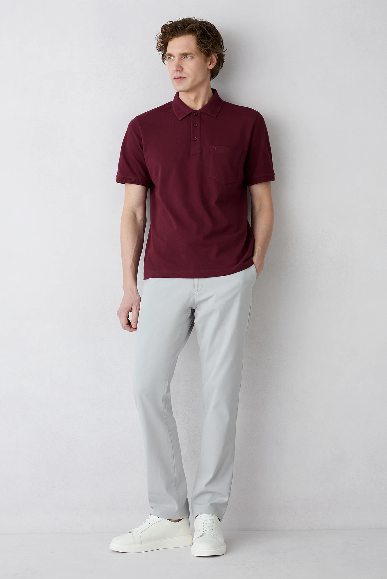 Koyu Bordo Kıvrılmaz Polo Yaka Regular Fit Cepli Ribana Detaylı Pamuk Tişört - Image 5