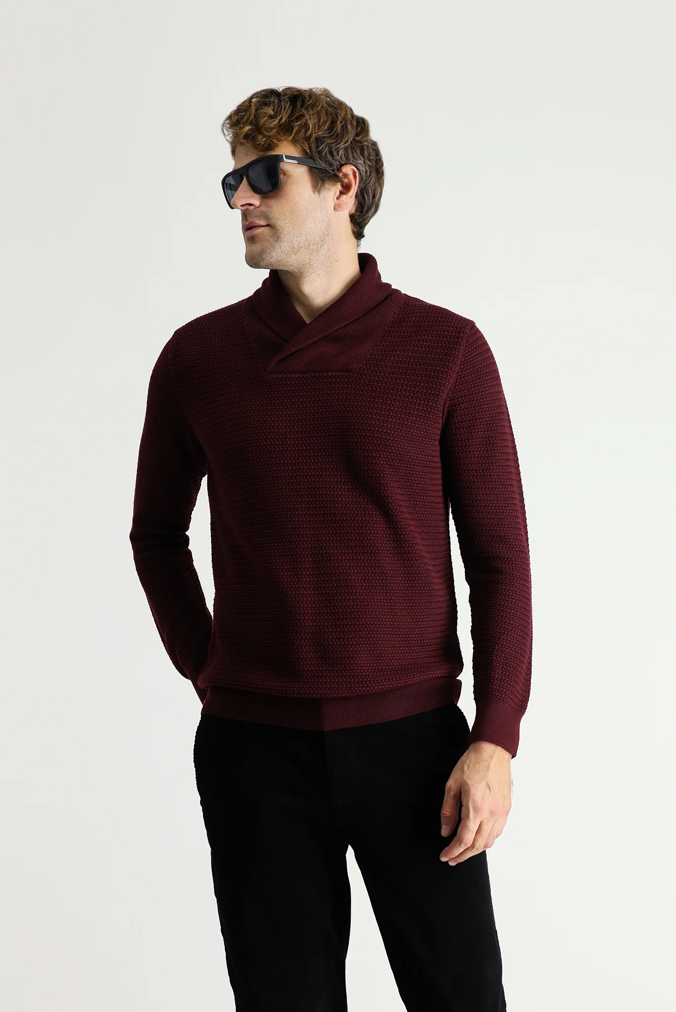 Koyu Bordo Şal Yaka Slim Fit Dar Kesim Desenli Pamuklu Triko Kazak