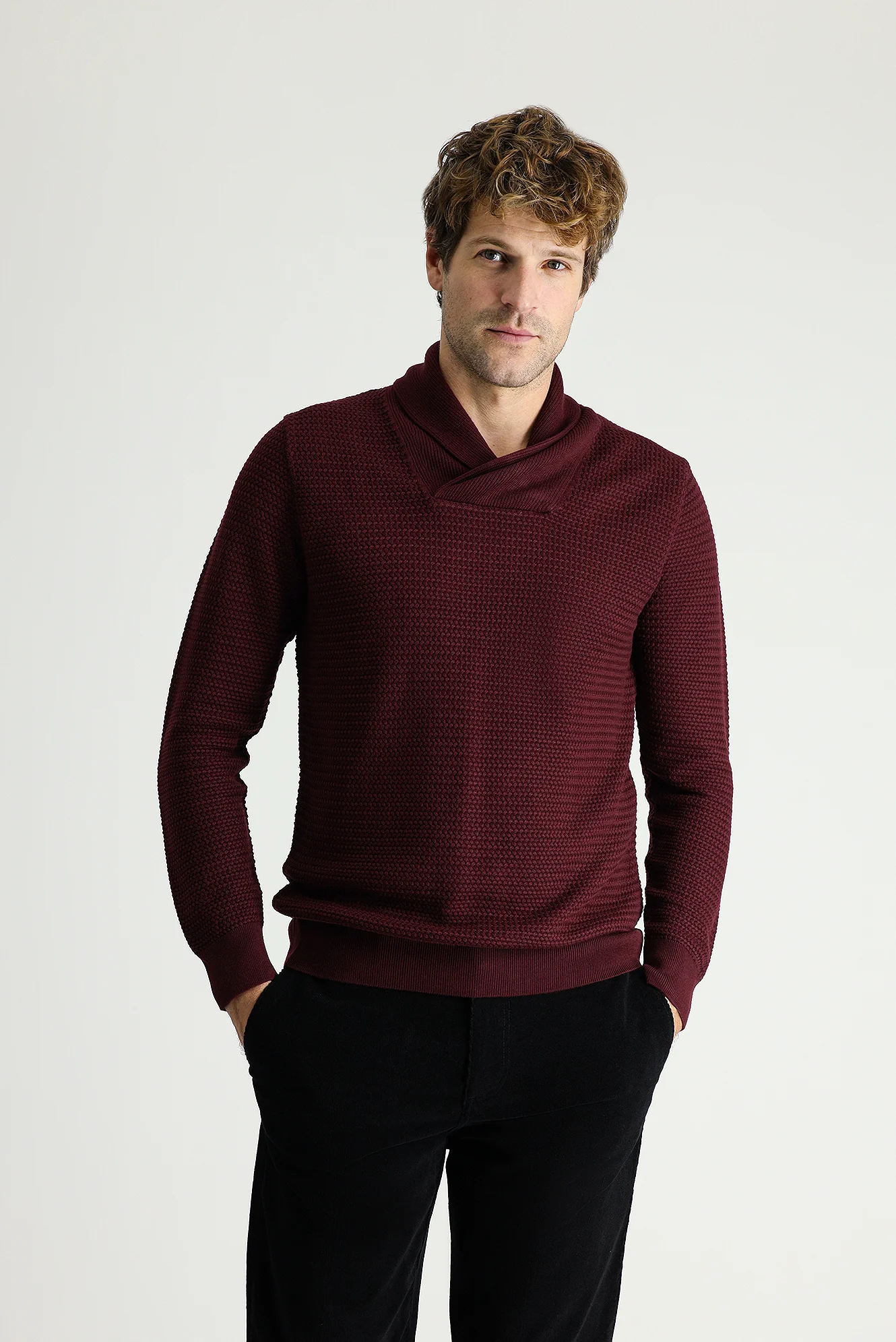 Koyu Bordo Şal Yaka Slim Fit Dar Kesim Desenli Pamuklu Triko Kazak - Image 3