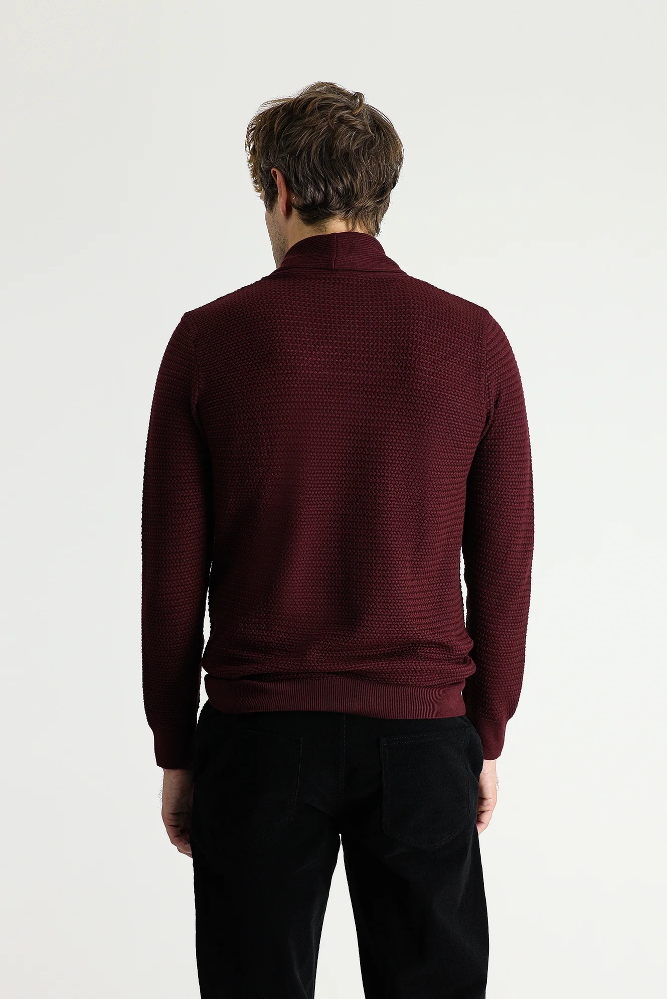 Koyu Bordo Şal Yaka Slim Fit Dar Kesim Desenli Pamuklu Triko Kazak - Image 4