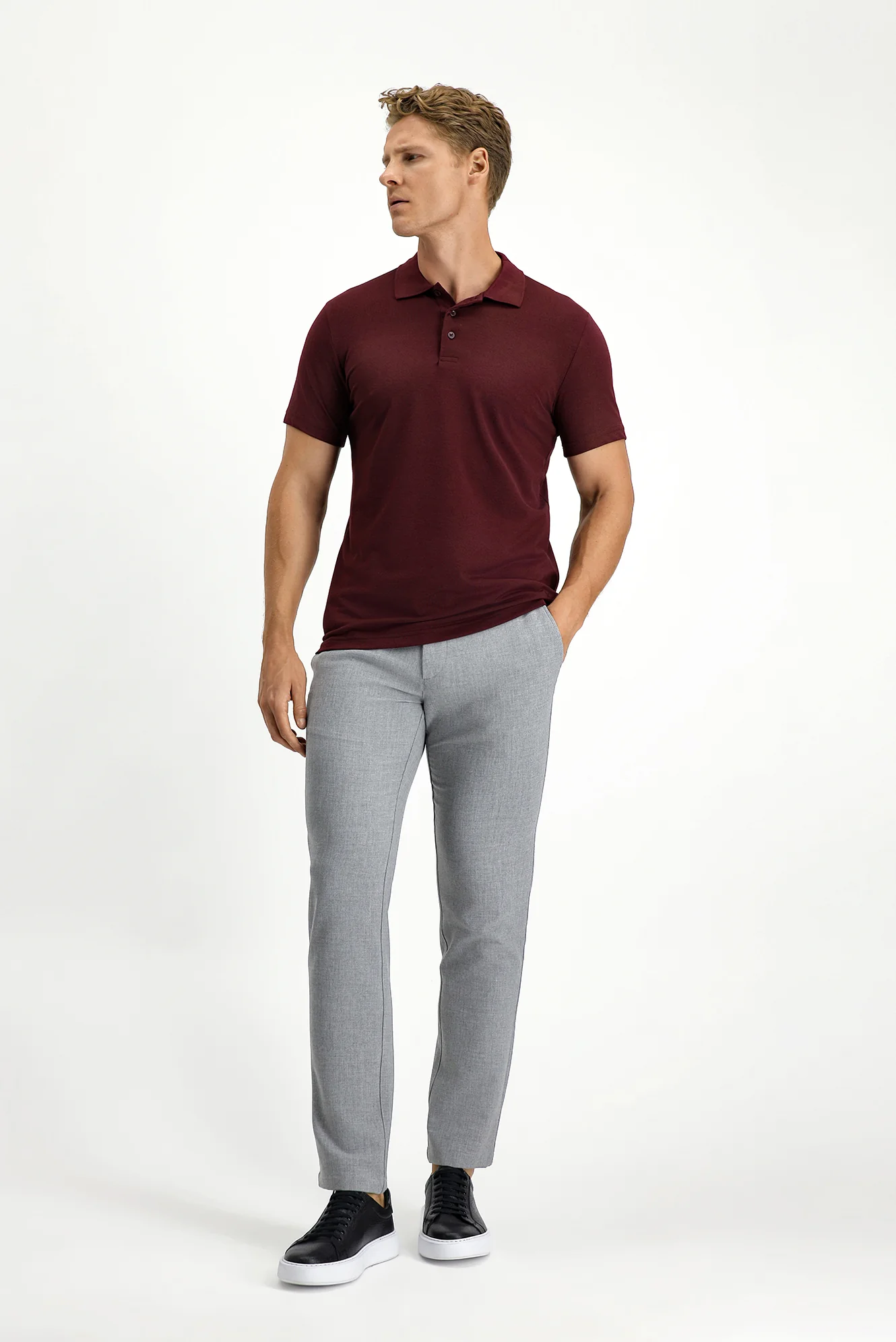 Koyu Bordo Slim Fit Dar Kesim Nakışlı Pamuklu Polo Yaka Tişört - Image 2