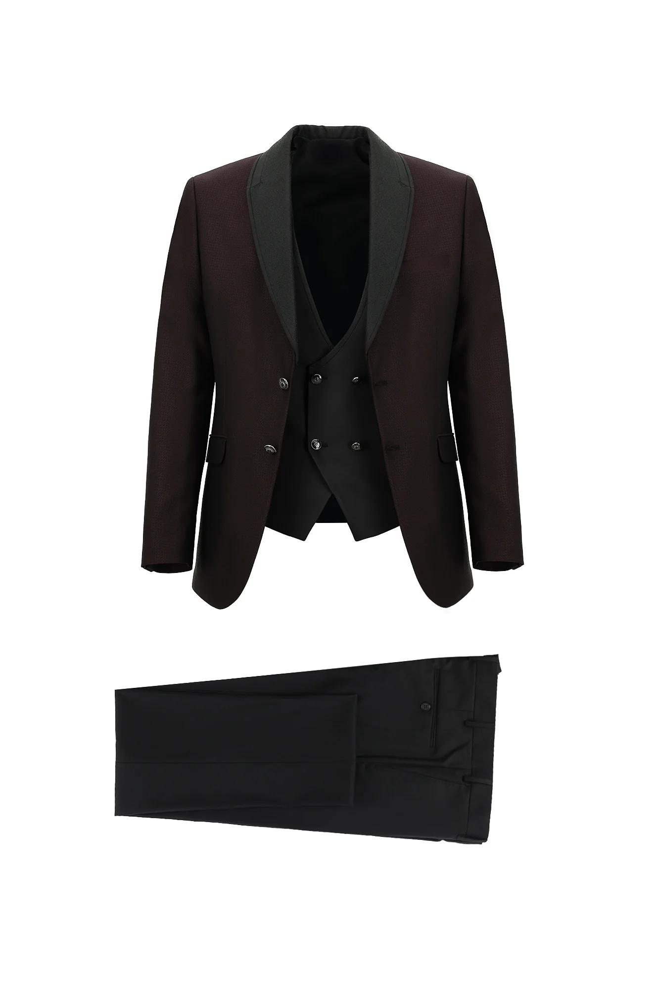 Koyu Bordo 7 Drop Slim Fit Dar Kesim Şal Yaka Yelekli Smokin & Damatlık
