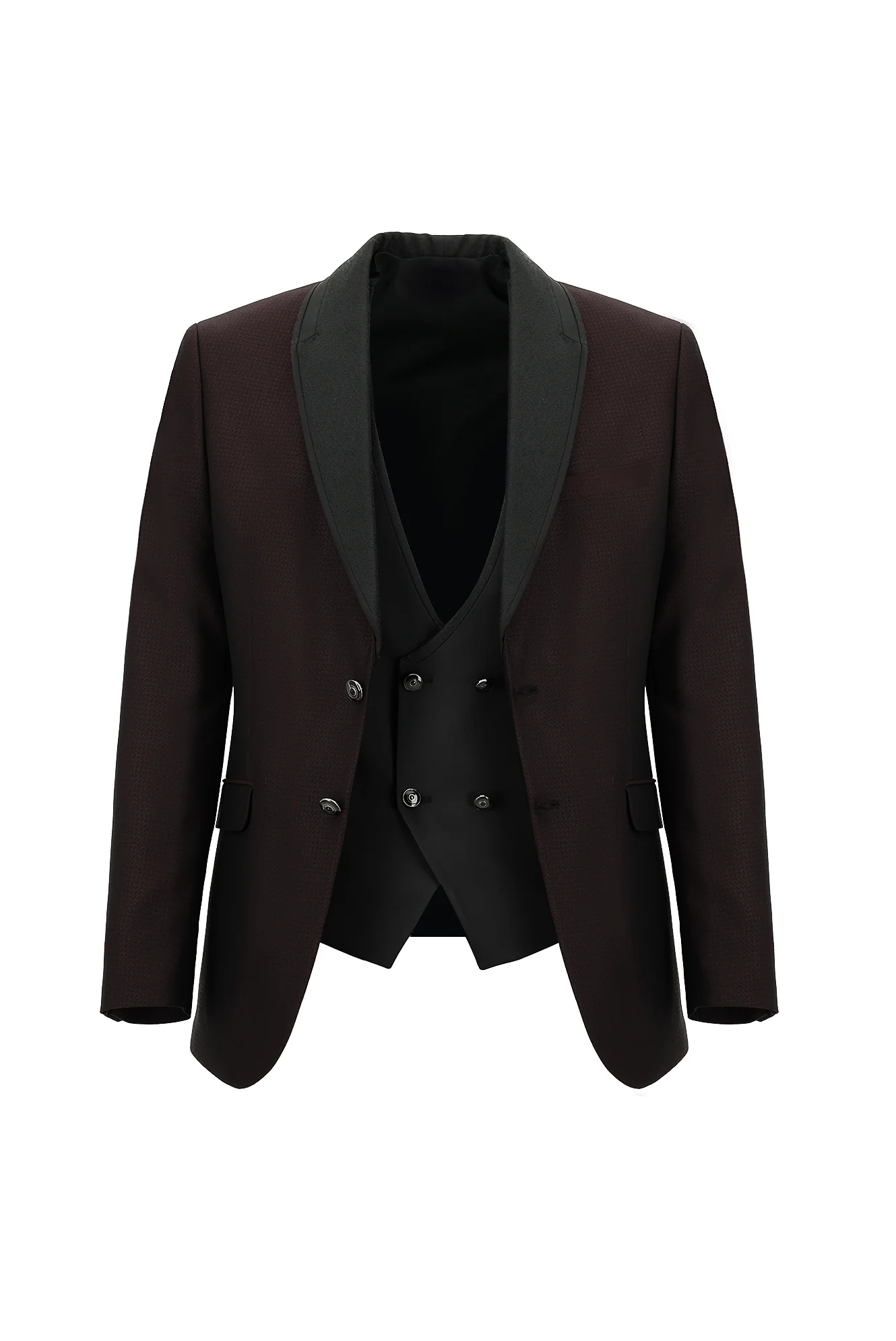 Koyu Bordo 7 Drop Slim Fit Dar Kesim Şal Yaka Yelekli Smokin & Damatlık - Image 2
