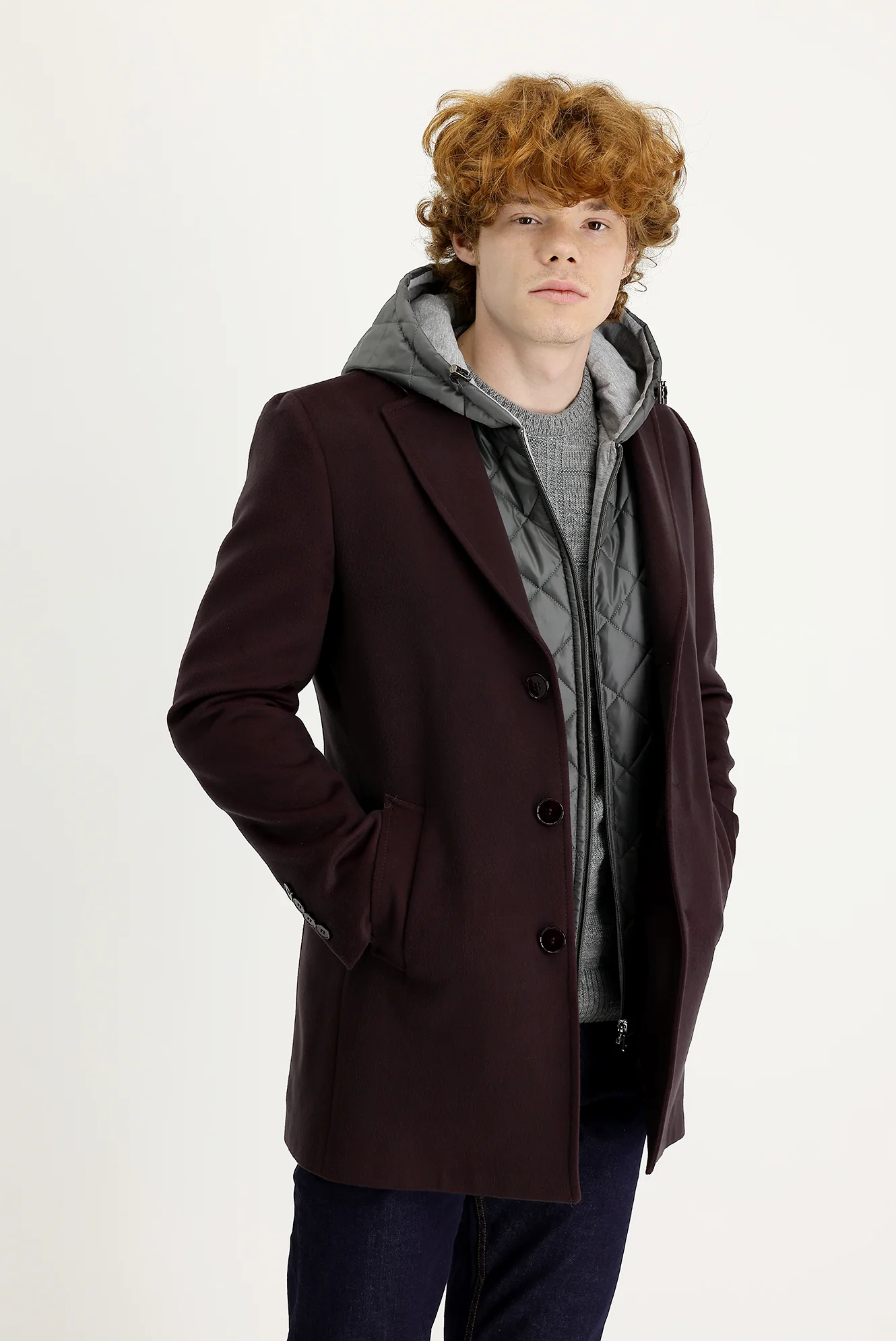 Koyu Bordo Slim Fit Dar Kesim Yelekli Kaban - Image 2
