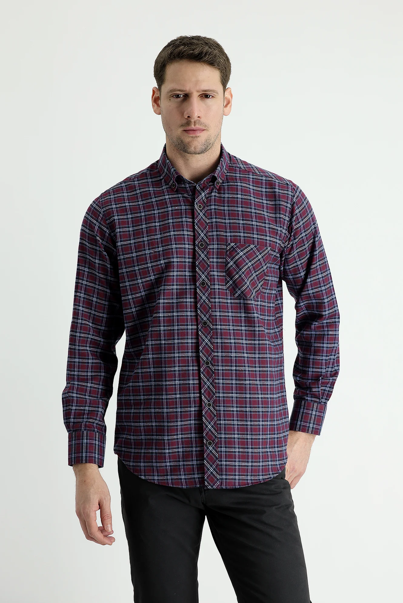 Koyu Bordo Uzun Kol Regular Fit Ekose Oduncu Pamuklu Gömlek