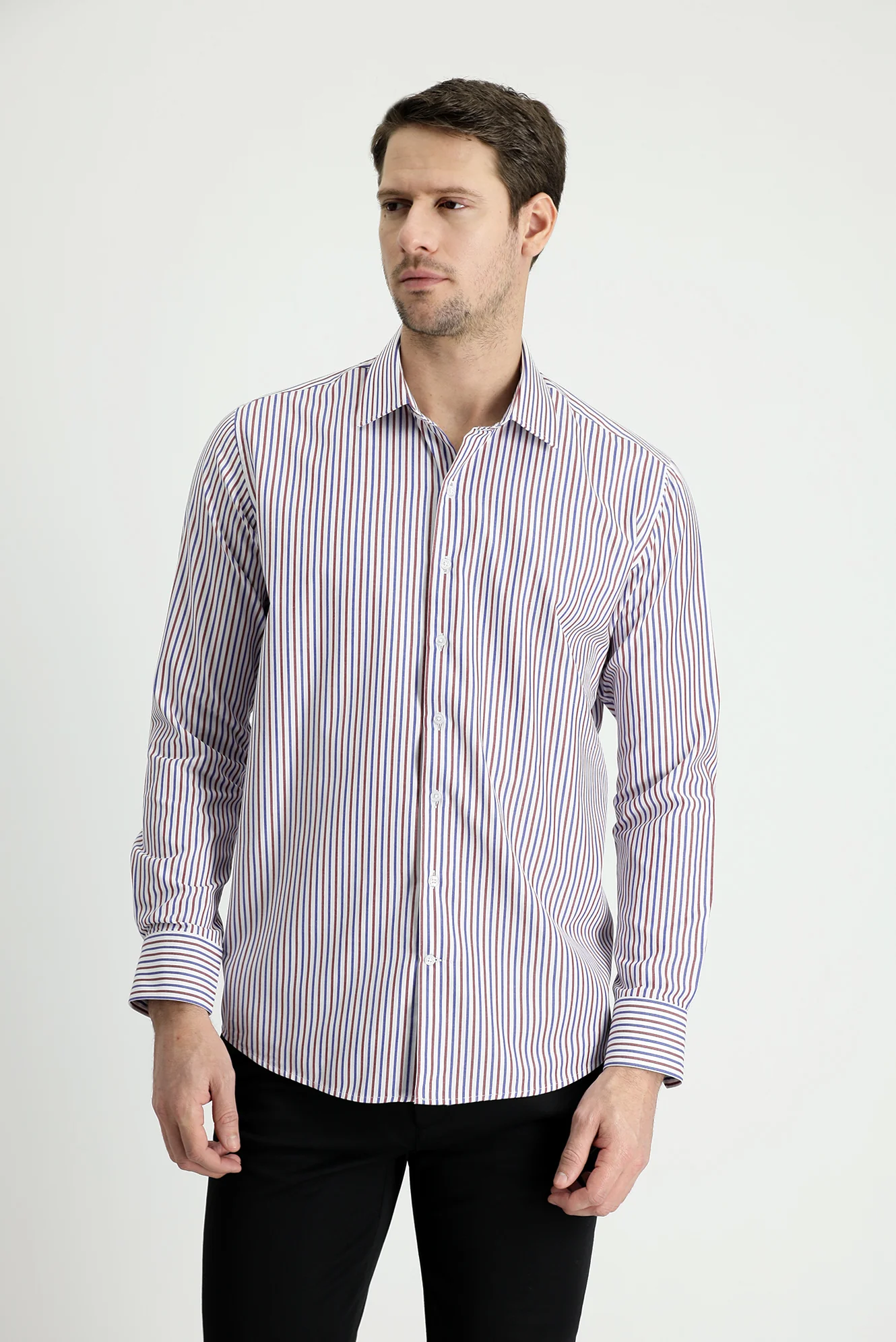Koyu Bordo Uzun Kol Slim Fit Dar Kesim Çizgili Gömlek