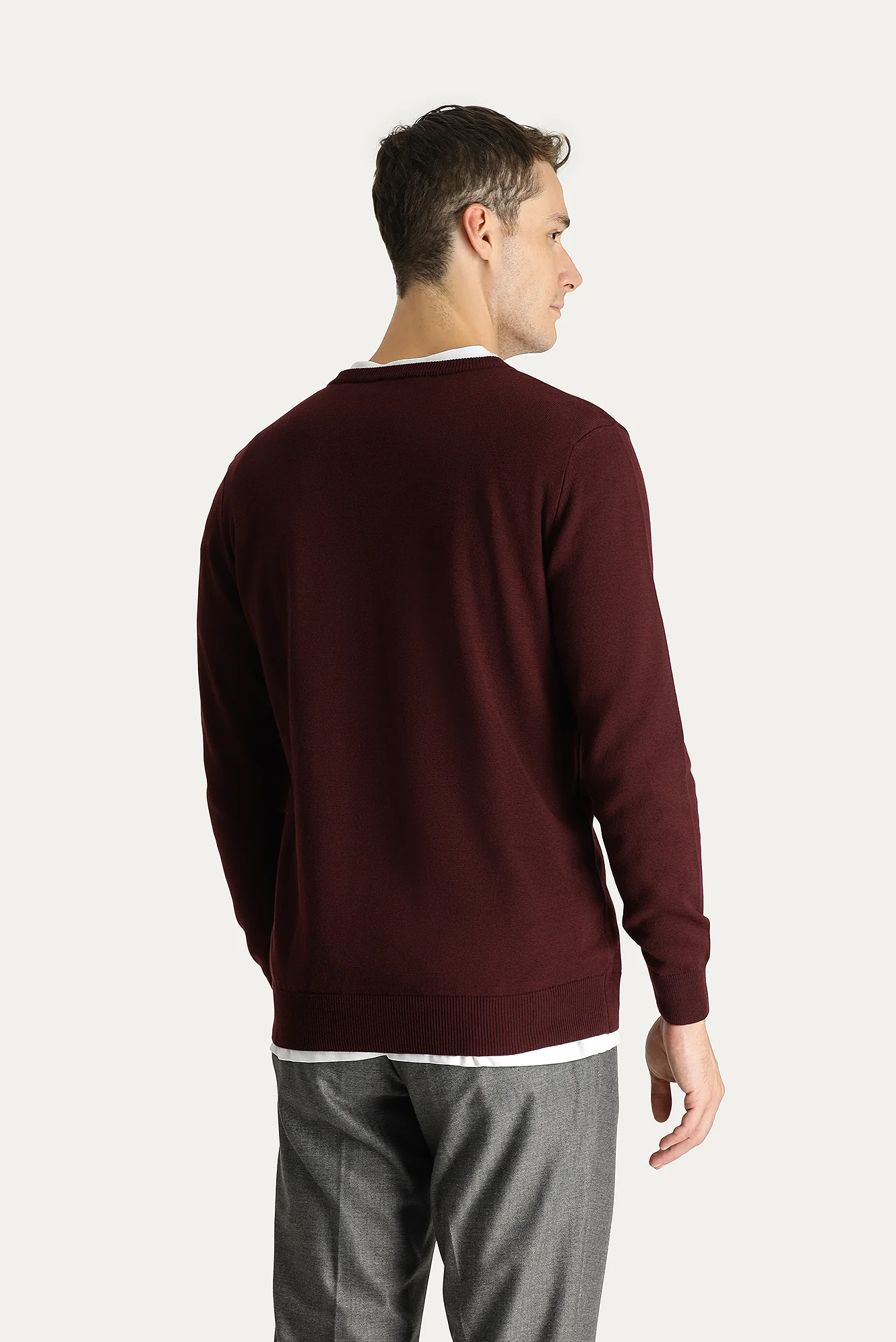 Koyu Bordo V Yaka Slim Fit Dar Kesim Pamuklu Triko Kazak - Image 3